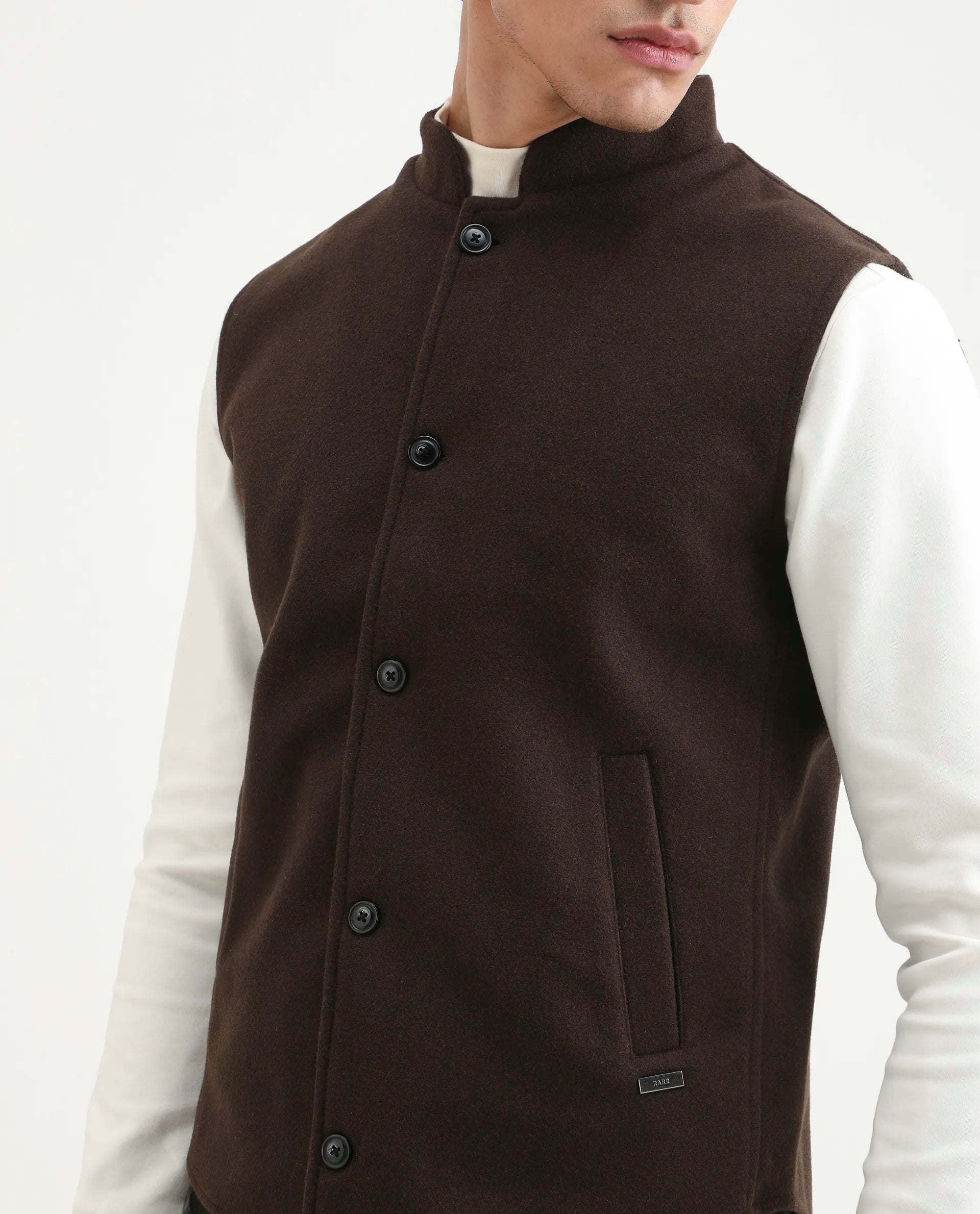 Rare Rabbit Men's Thermo Brown Polyester Plain Regular Fit Sleeveless High Neck Jacket