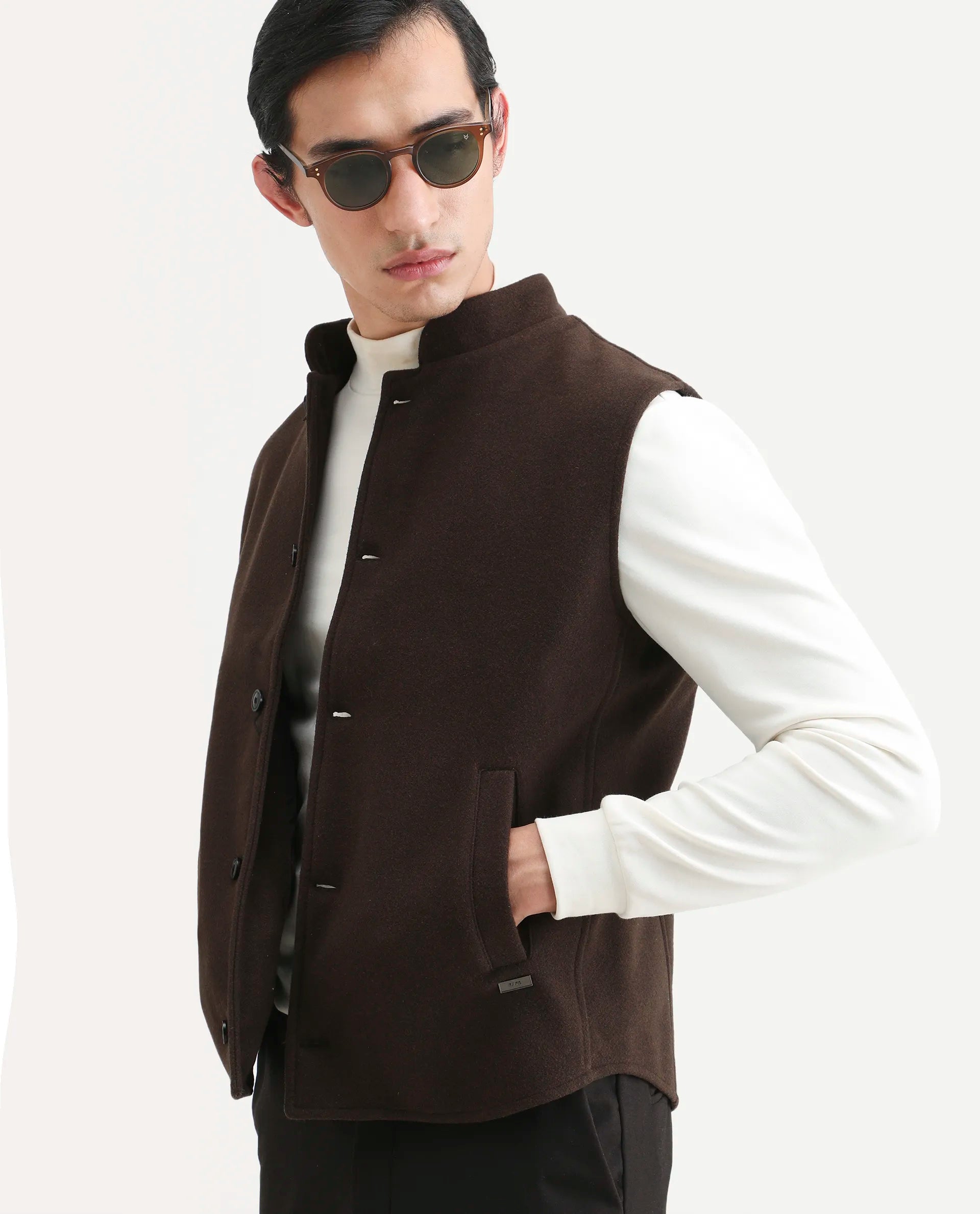 Rare Rabbit Men's Thermo Brown Polyester Plain Regular Fit Sleeveless High Neck Jacket