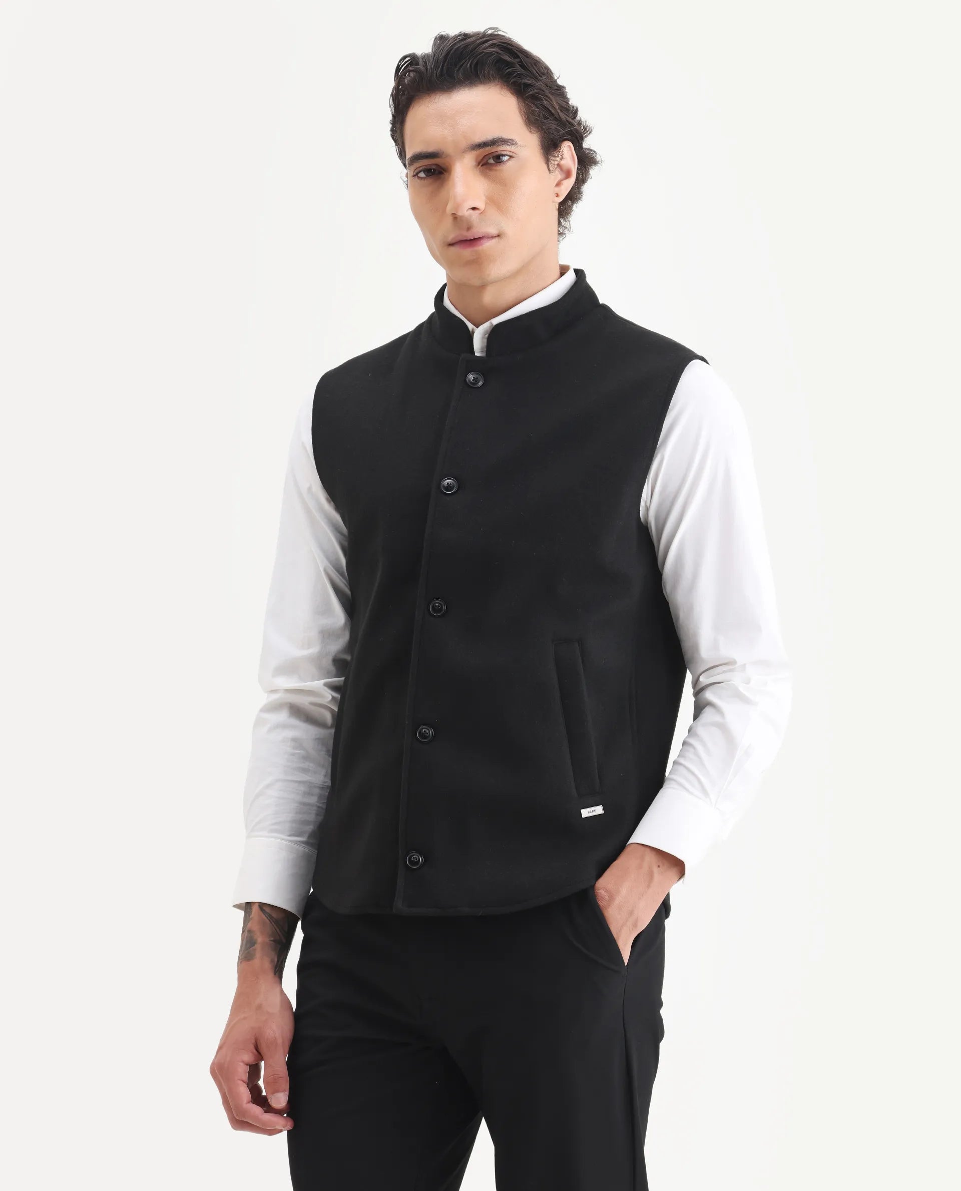 Rare Rabbit Men's Thermo Black Polyester Plain Regular Fit Sleeveless High Neck Jacket