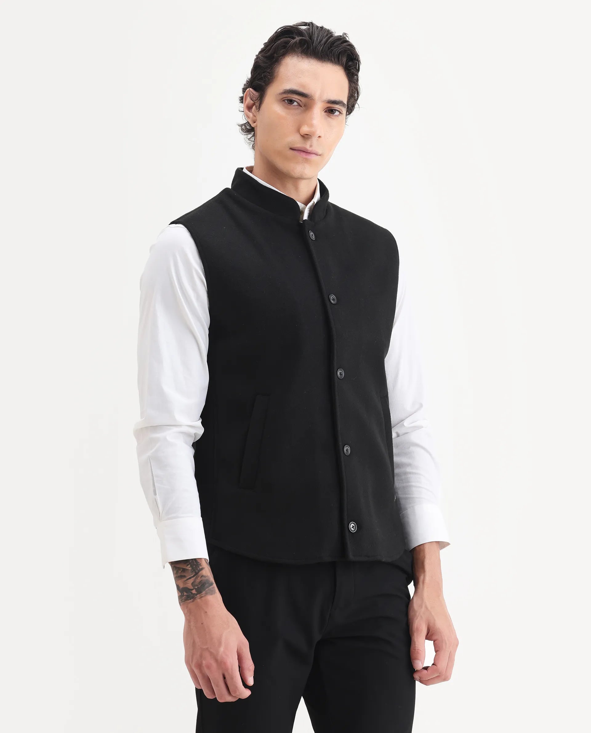 Rare Rabbit Men's Thermo Black Polyester Plain Regular Fit Sleeveless High Neck Jacket