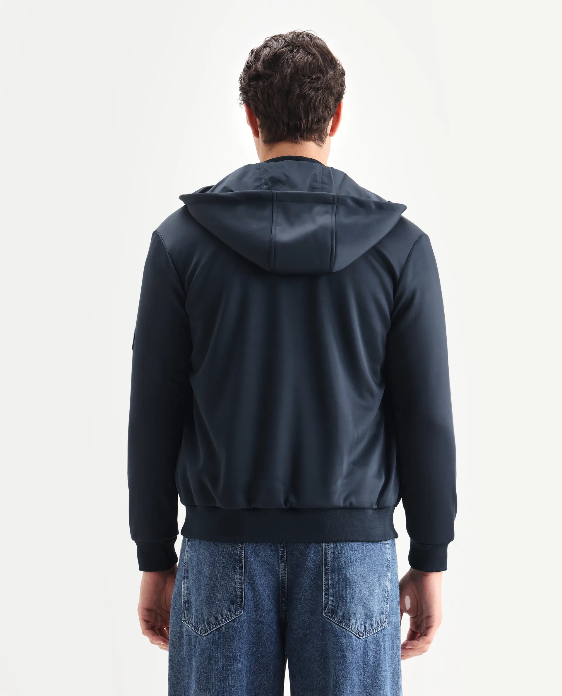 Rare Rabbit Men's Bonita Navy Polyester Plain Regular Fit Full Sleeve Hooded Jacket