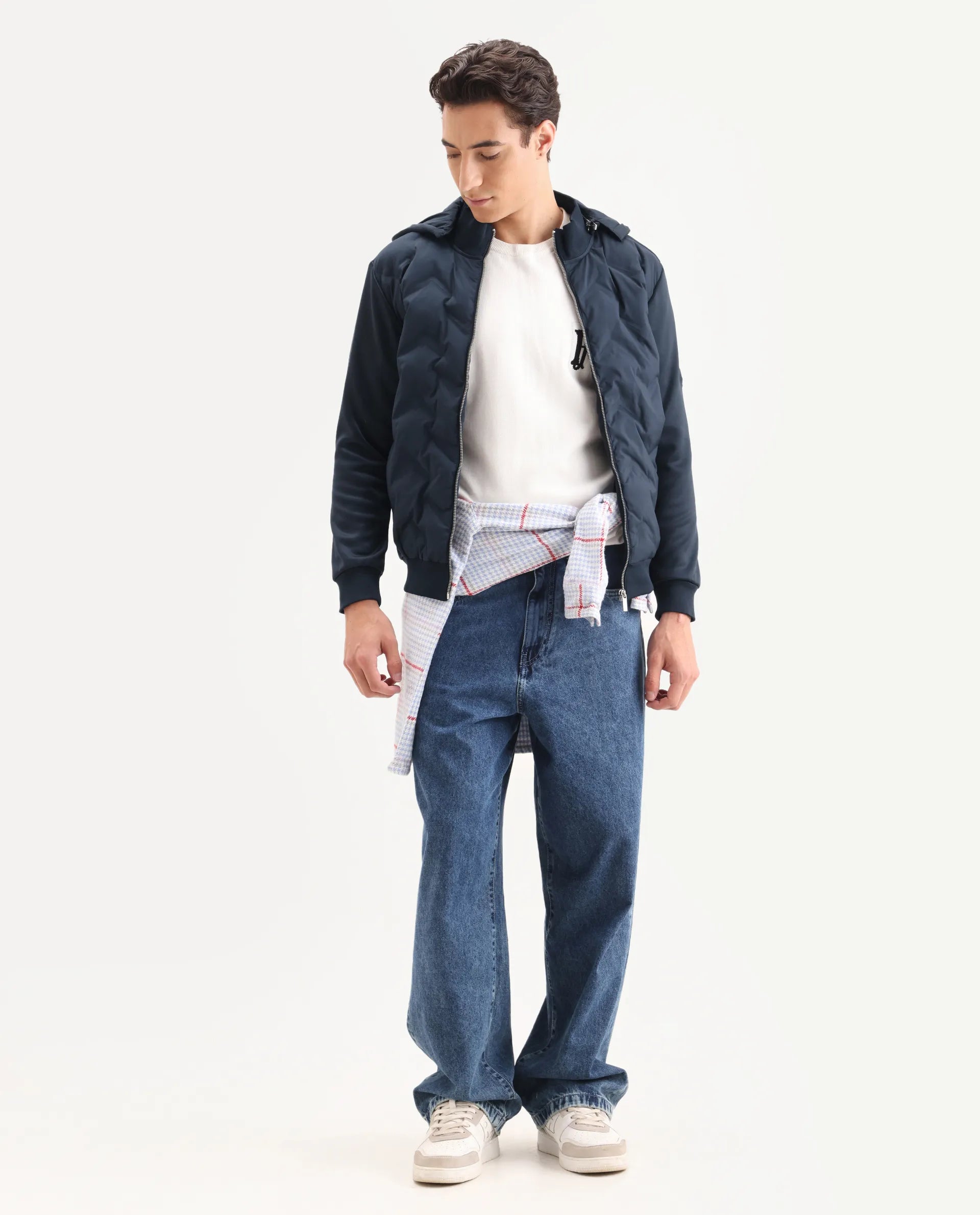 Rare Rabbit Men's Bonita Navy Polyester Plain Regular Fit Full Sleeve Hooded Jacket