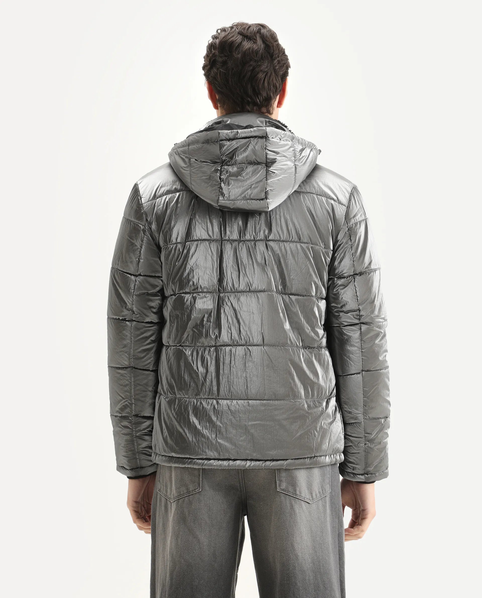 Rare Rabbit Men's Osad Dark Grey Polyester Plain Relaxed Fit Full Sleeve Hooded Jacket