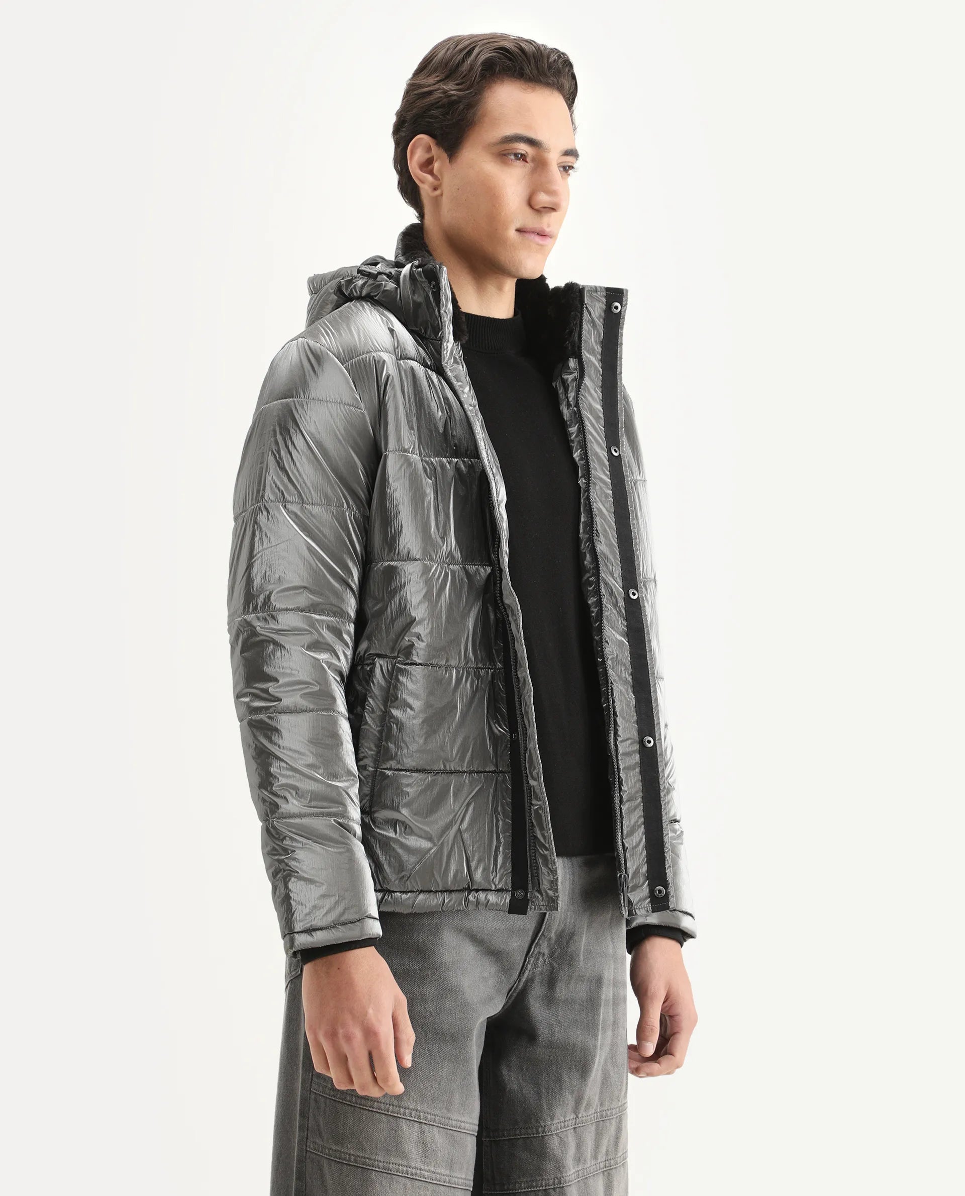 Rare Rabbit Men's Osad Dark Grey Polyester Plain Relaxed Fit Full Sleeve Hooded Jacket