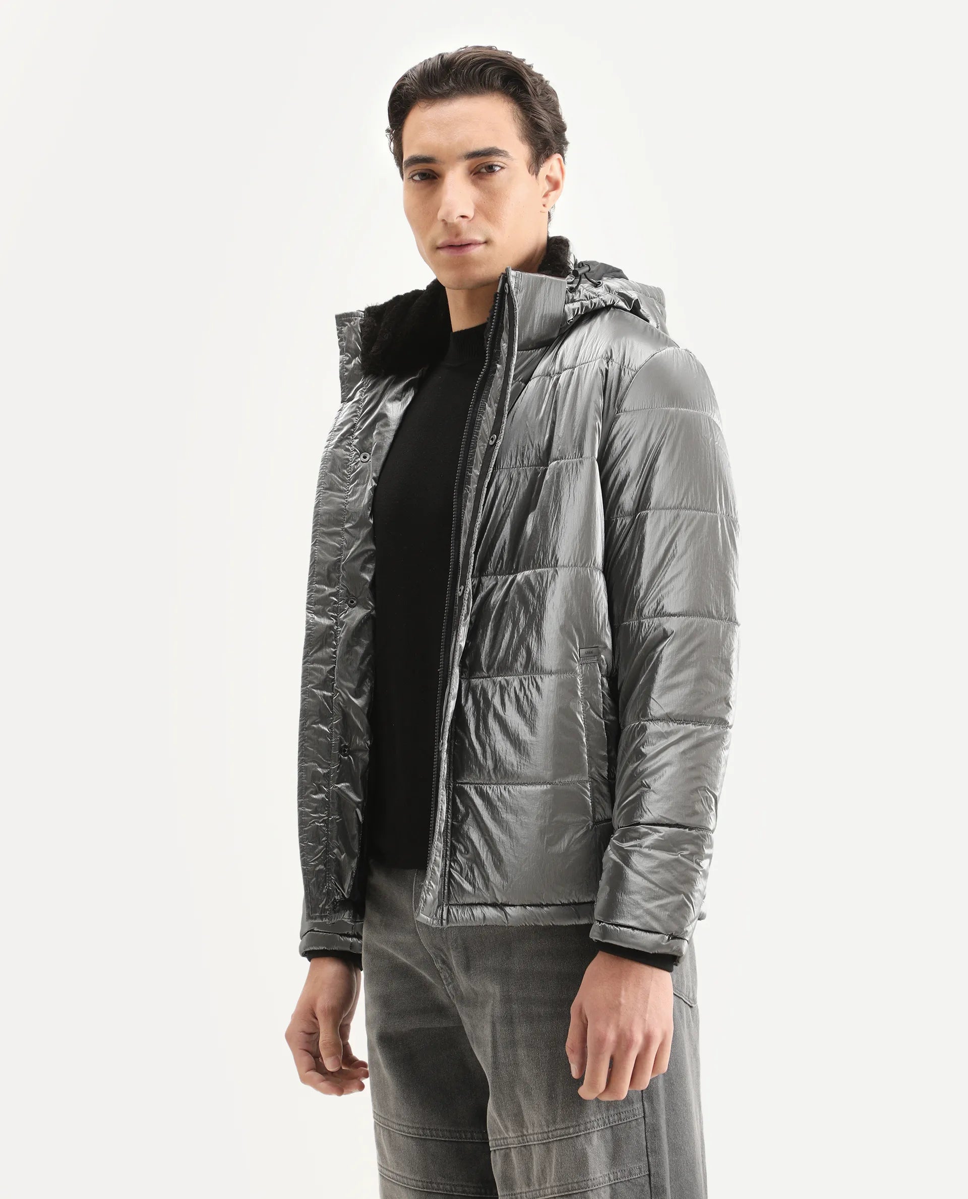 Rare Rabbit Men's Osad Dark Grey Polyester Plain Relaxed Fit Full Sleeve Hooded Jacket