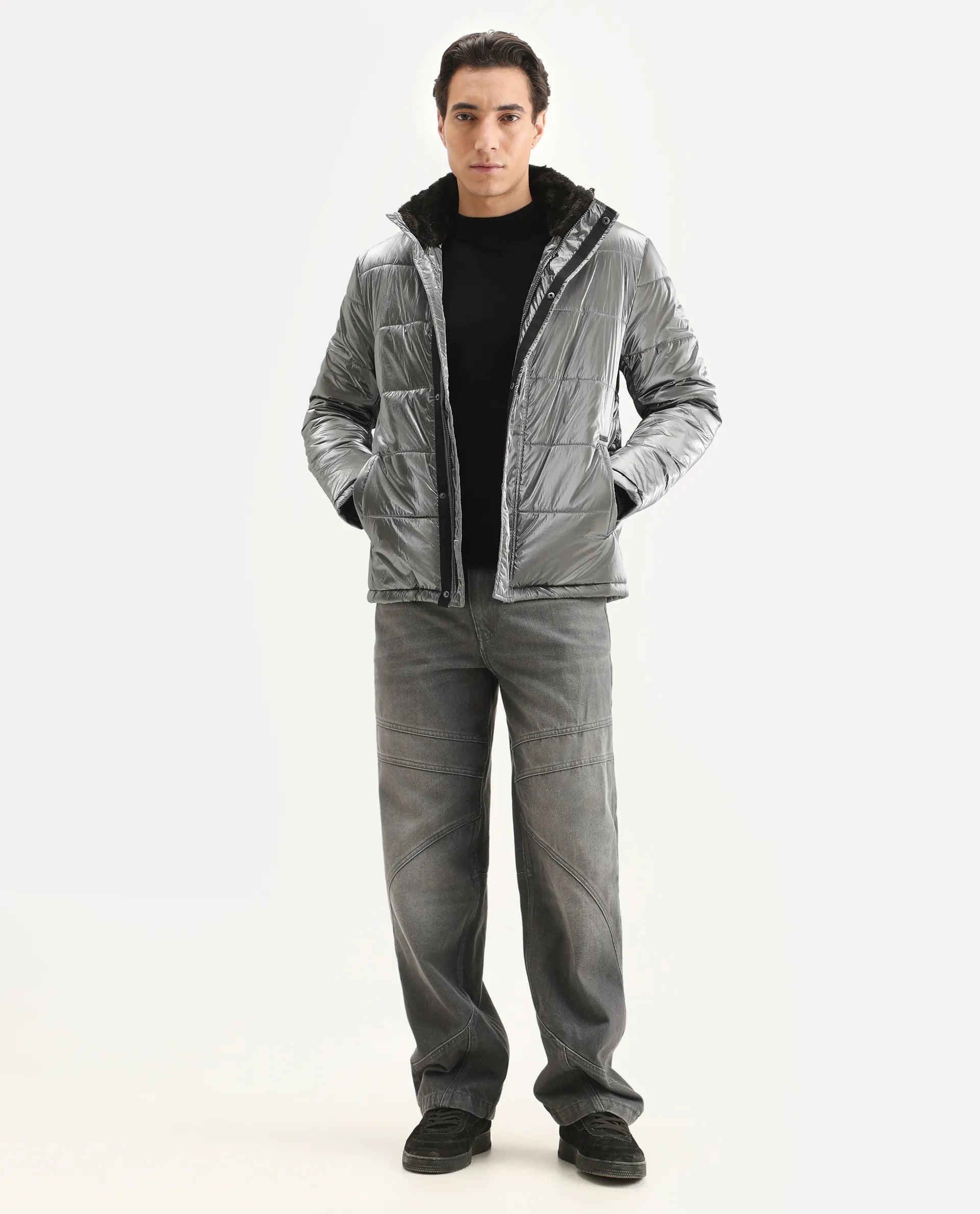 Rare Rabbit Men's Osad Dark Grey Polyester Plain Relaxed Fit Full Sleeve Hooded Jacket