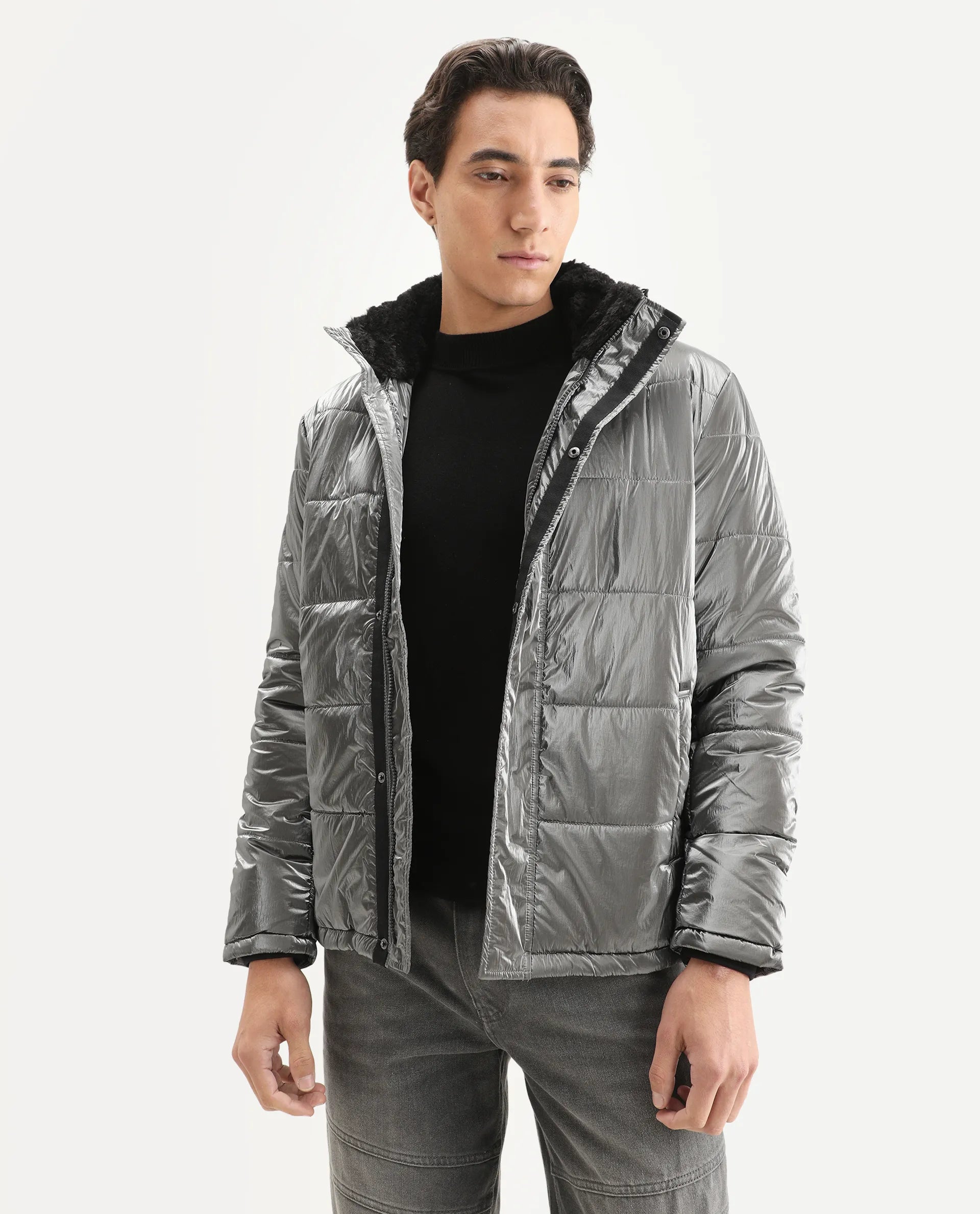 Rare Rabbit Men's Osad Dark Grey Polyester Plain Relaxed Fit Full Sleeve Hooded Jacket