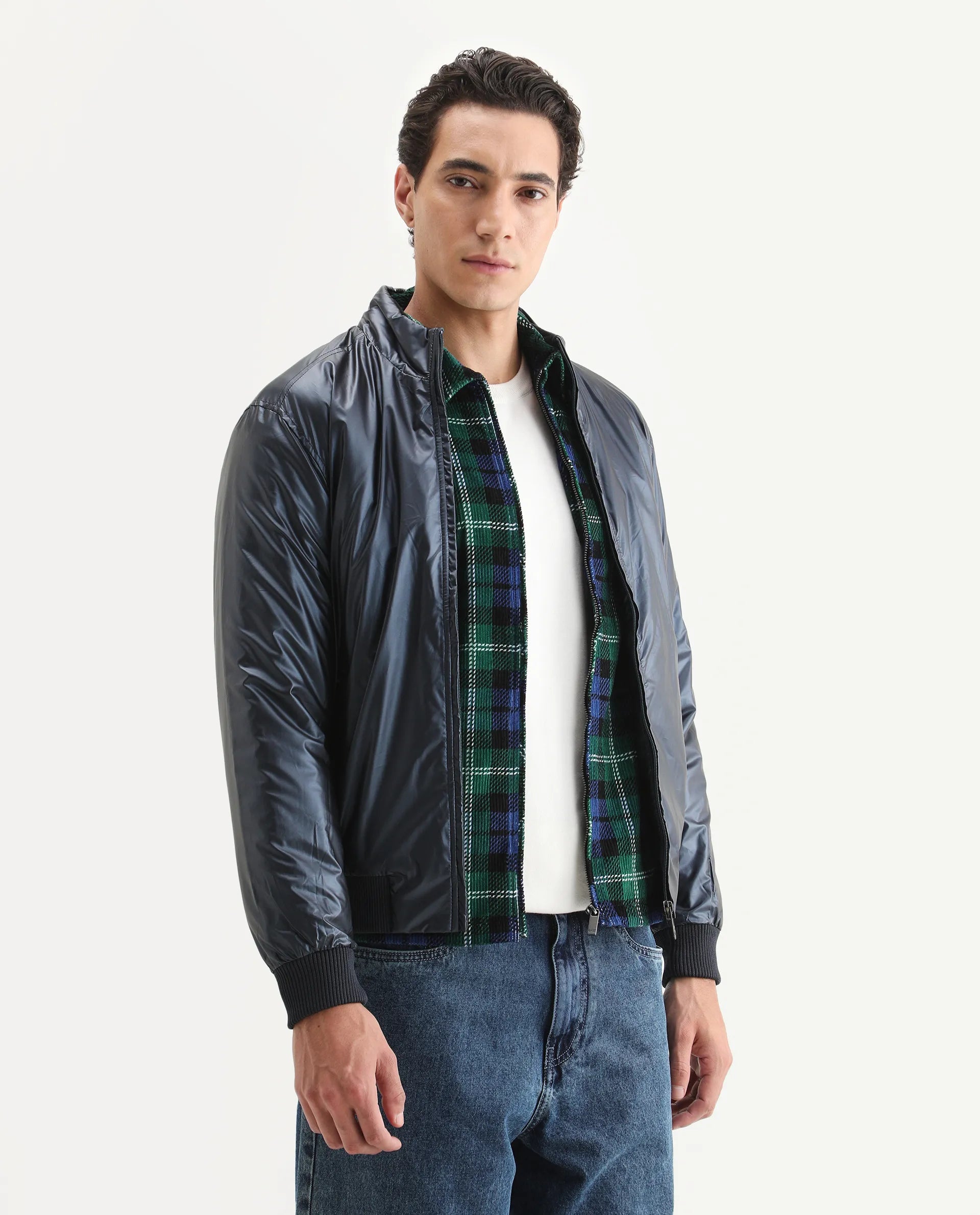 Rare Rabbit Men's Carpo Dark Petrol Polyester Plain Relaxed Fit Full Sleeve Mandarin Collar Jacket