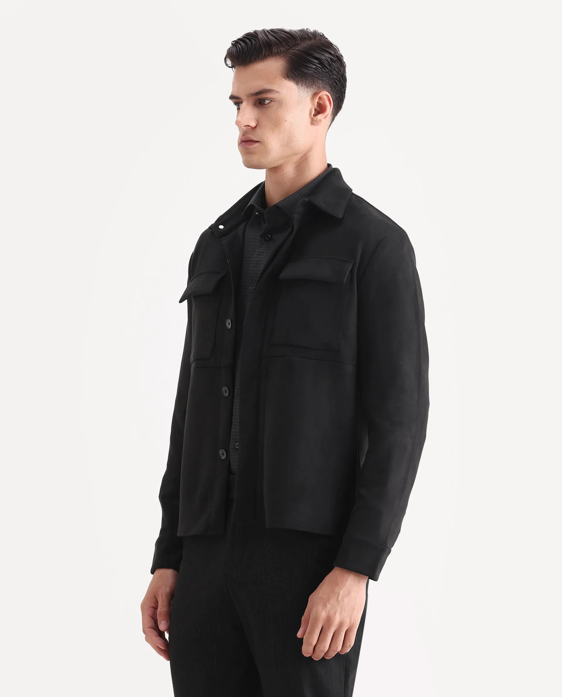 Rare Rabbit Men's Delk Black Suede Plain Regular Fit Full Sleeve Spread Collar Jacket