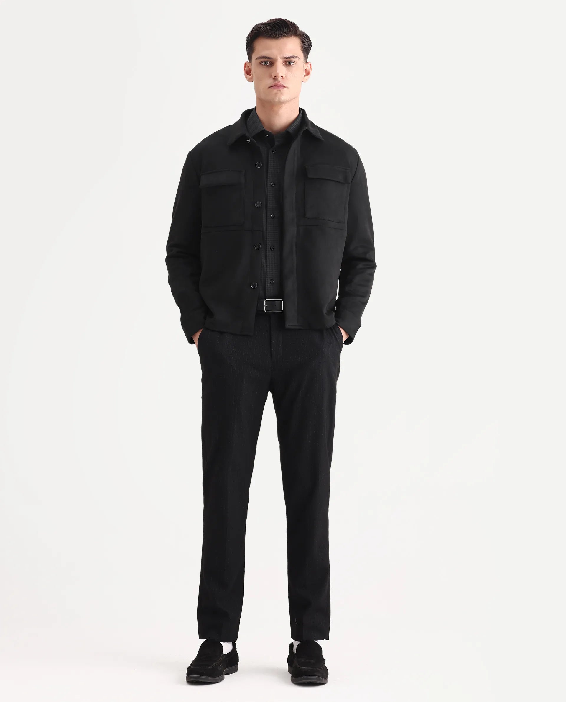 Rare Rabbit Men's Delk Black Suede Plain Regular Fit Full Sleeve Spread Collar Jacket