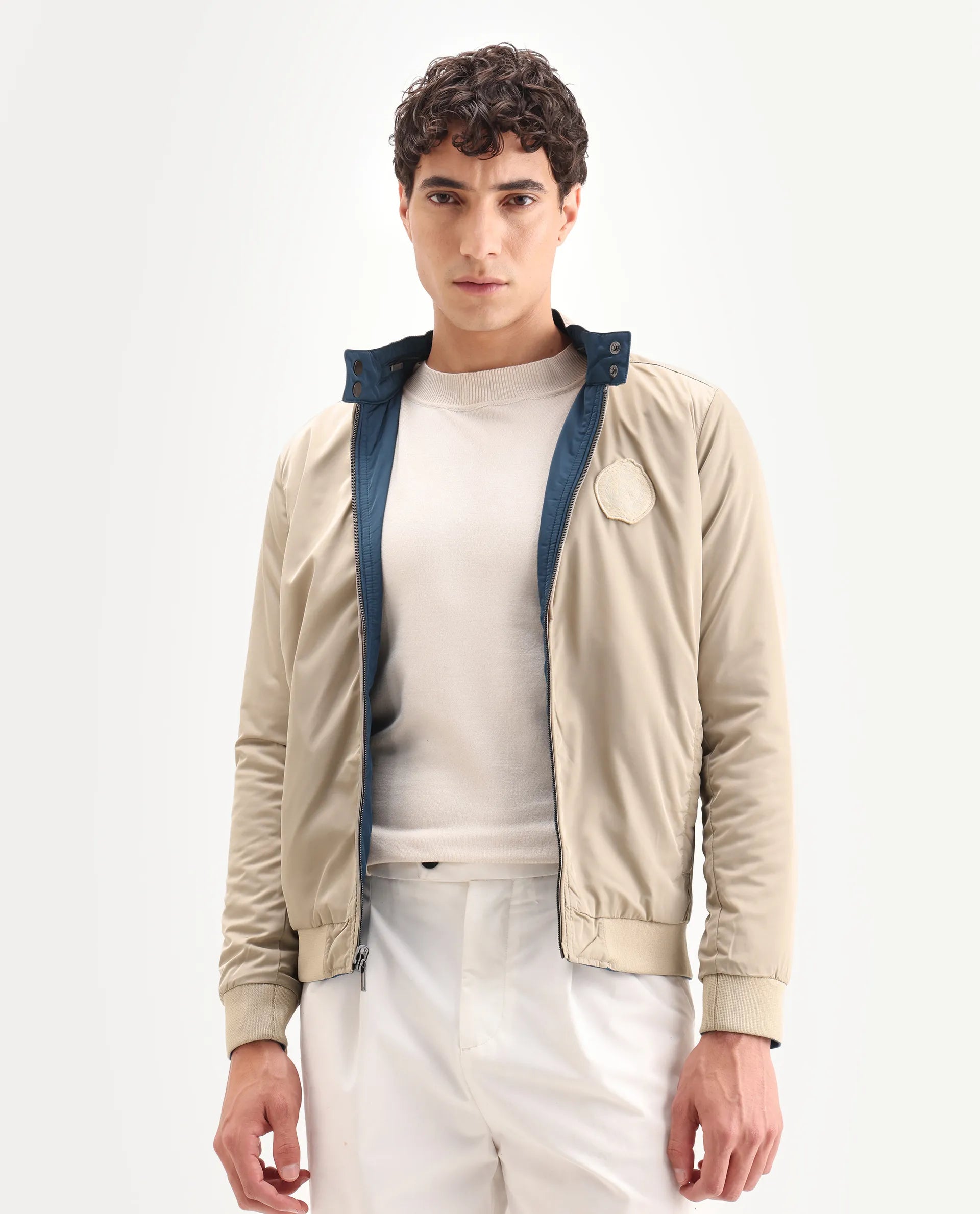 Rare Rabbit Men's Royban Beige Polyester Plain Regular Fit Full Sleeve Mandarin Collar Jacket