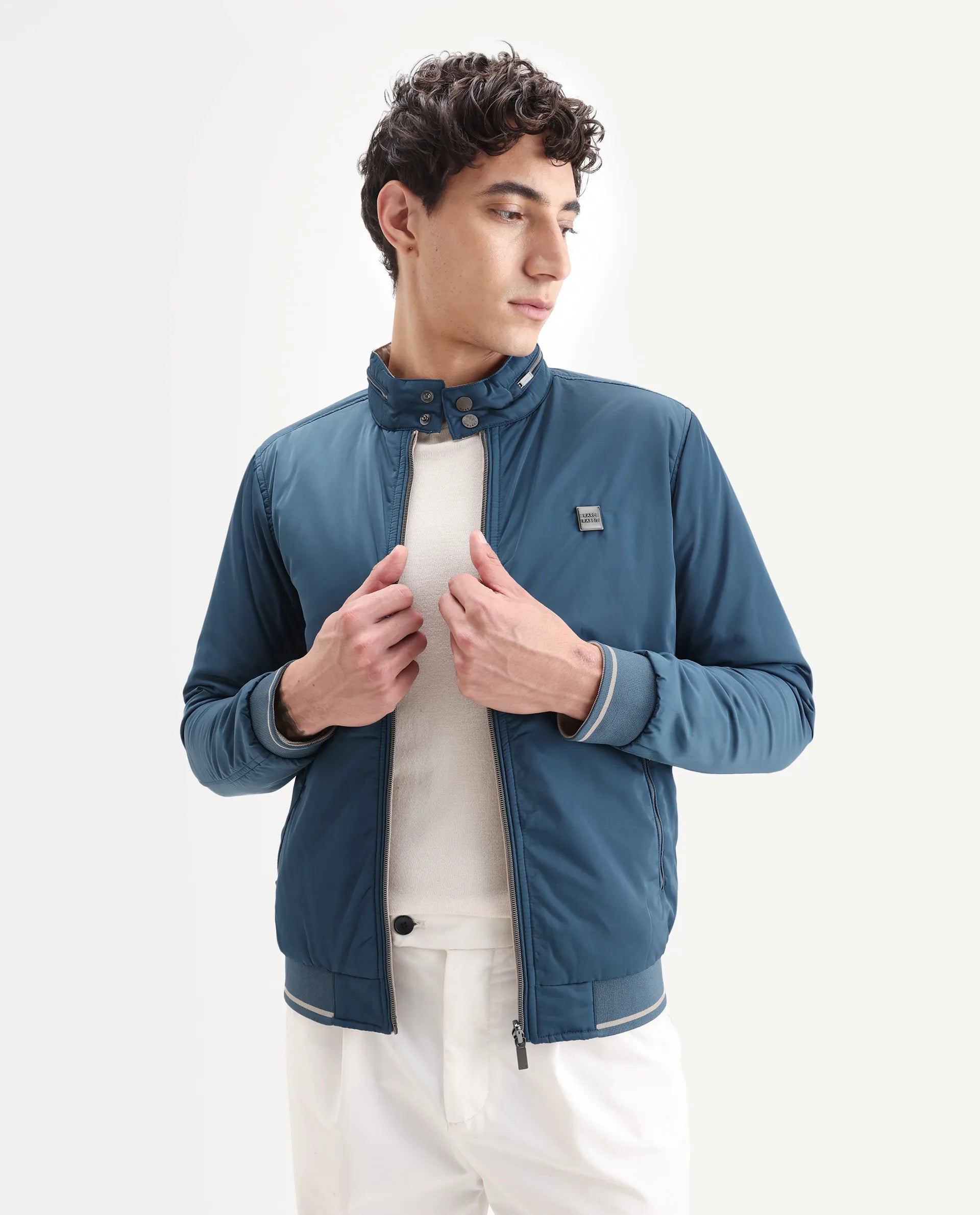 Rare Rabbit Men's Royban Beige Polyester Plain Regular Fit Full Sleeve Mandarin Collar Jacket