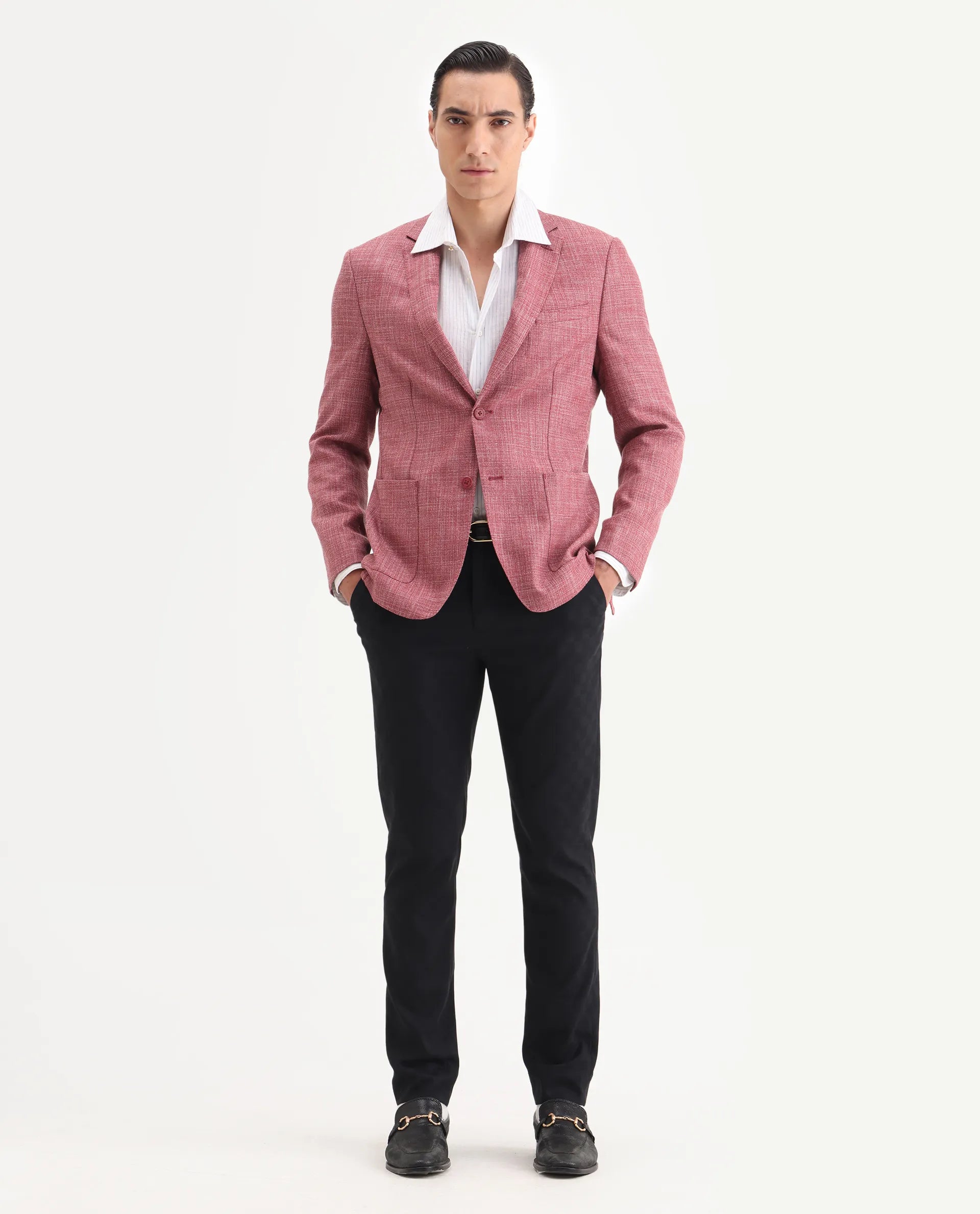 Rare Rabbit Men's Drew Red Polyester Plain Tailored Fit Full Sleeve Lapel Neck Blazer