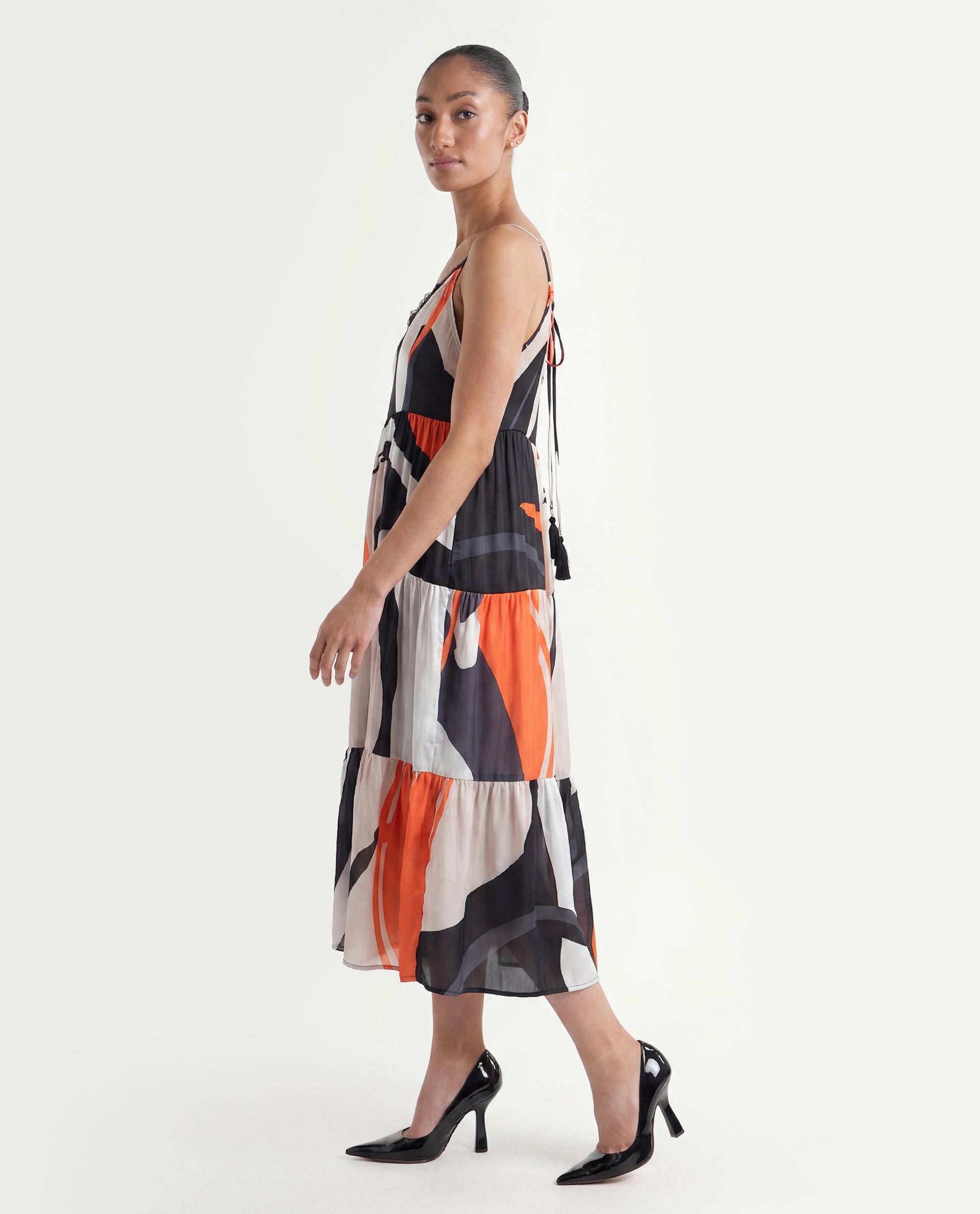 Rareism Women's Agans Multi Polyester V-Neck Abstract Print Shoulder Strap Maxi Regular Fit Dress