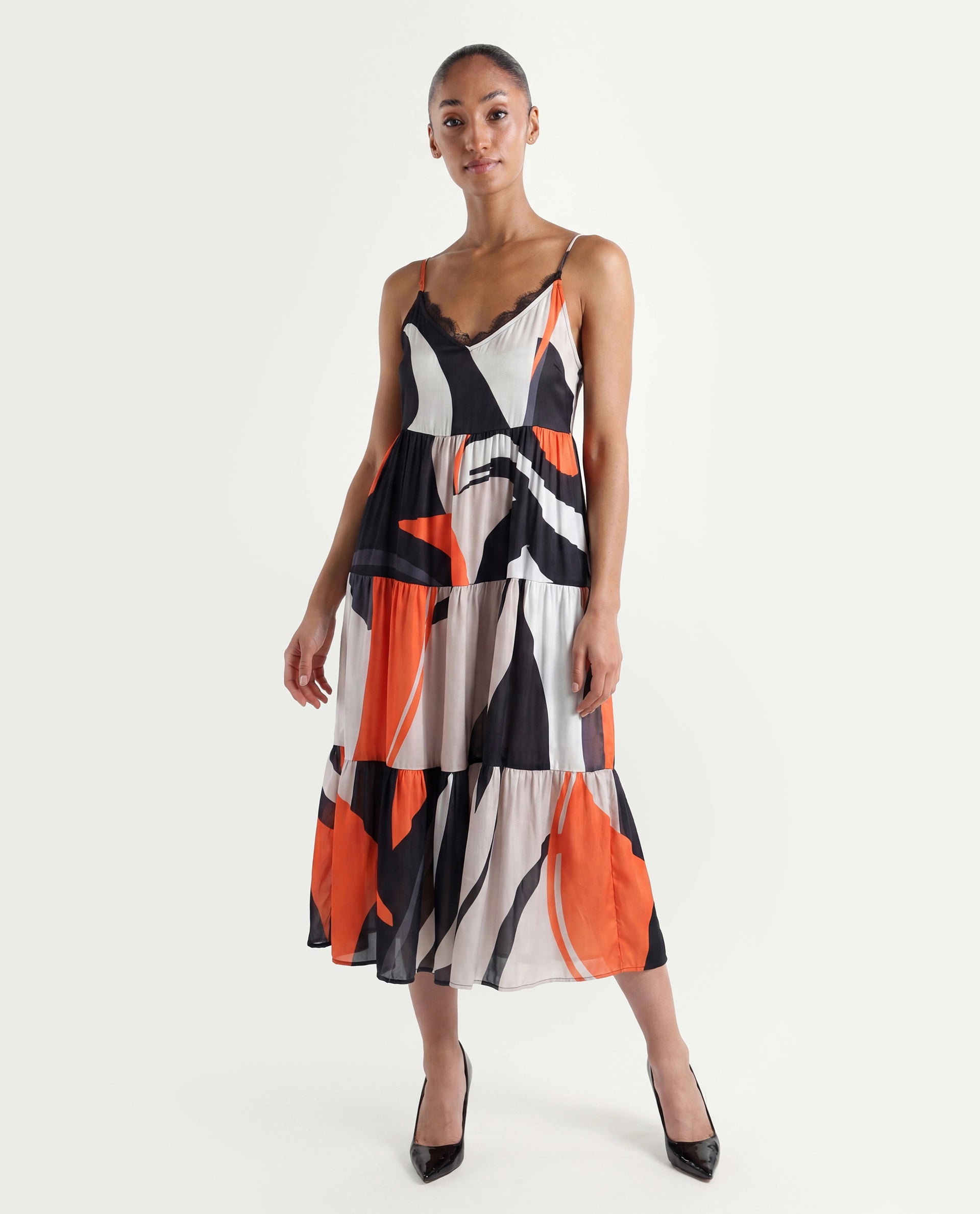 Rareism Women's Agans Multi Polyester V-Neck Abstract Print Shoulder Strap Maxi Regular Fit Dress
