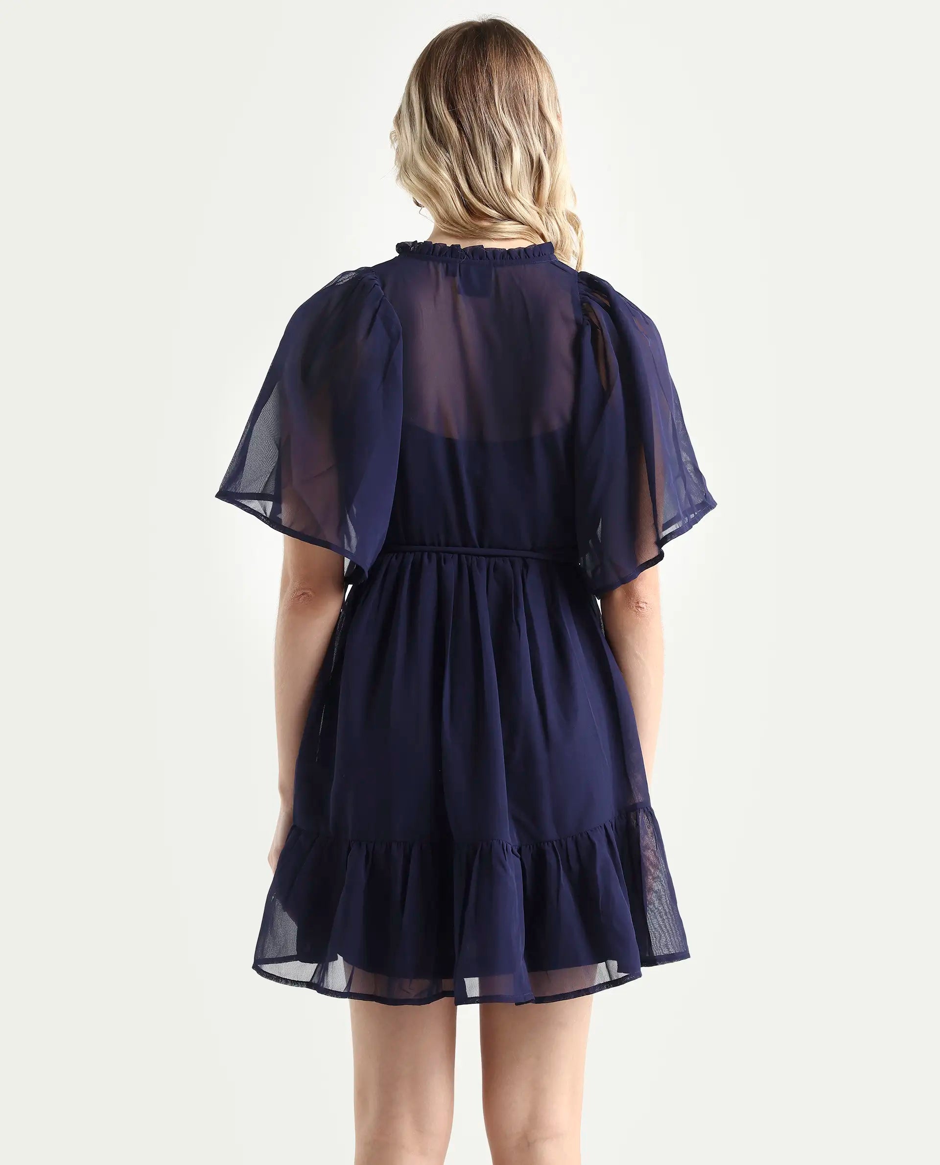 Rareism Women's Hocker Navy Polyester V-Neck Plain Flutter Sleeve Mini Regular Fit Dress