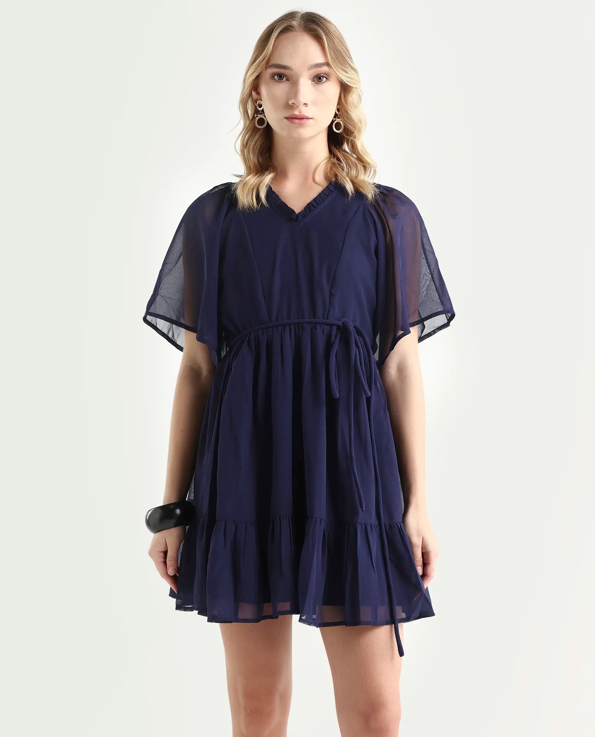 Rareism Women's Hocker Navy Polyester V-Neck Plain Flutter Sleeve Mini Regular Fit Dress
