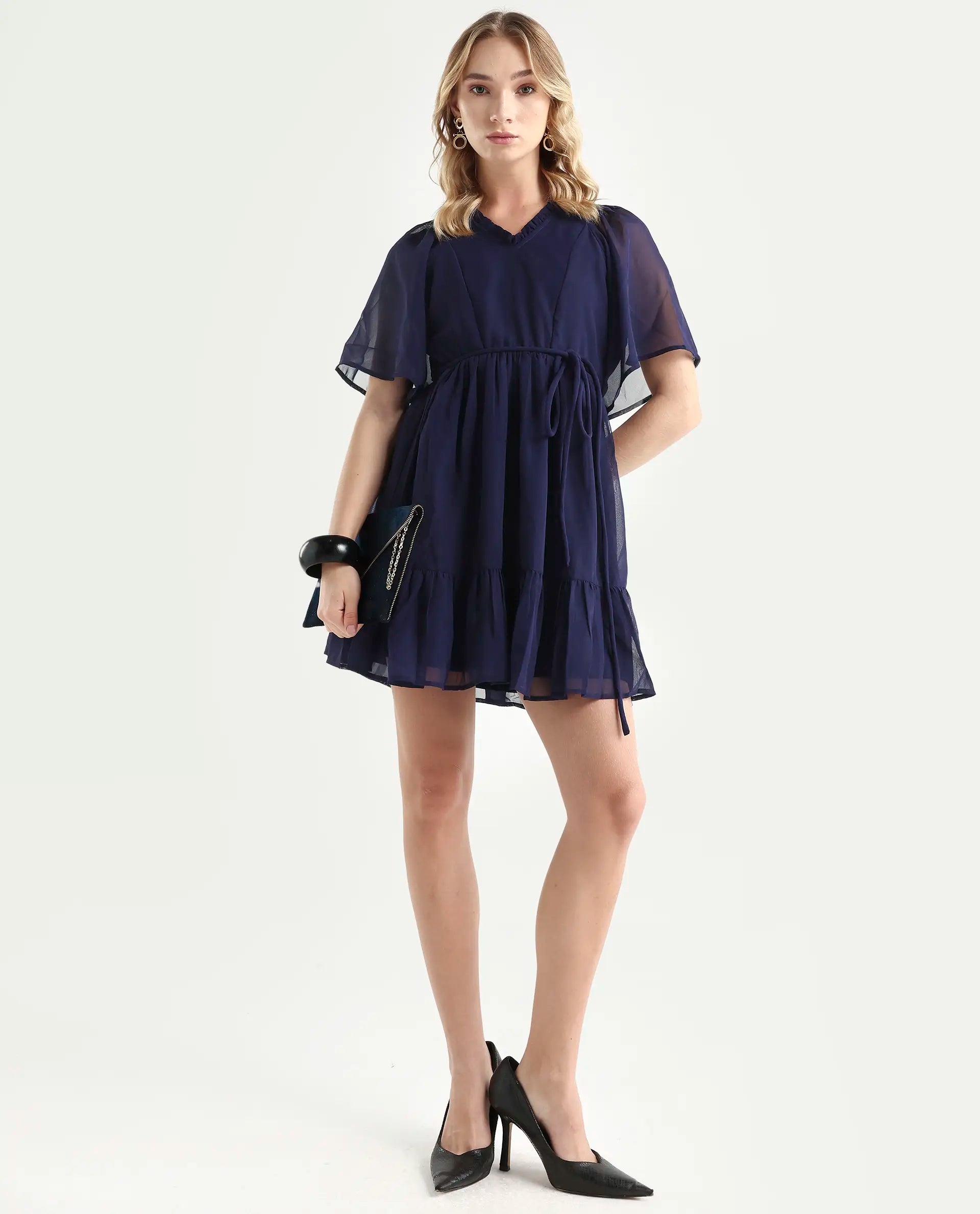 Rareism Women's Hocker Navy Polyester V-Neck Plain Flutter Sleeve Mini Regular Fit Dress