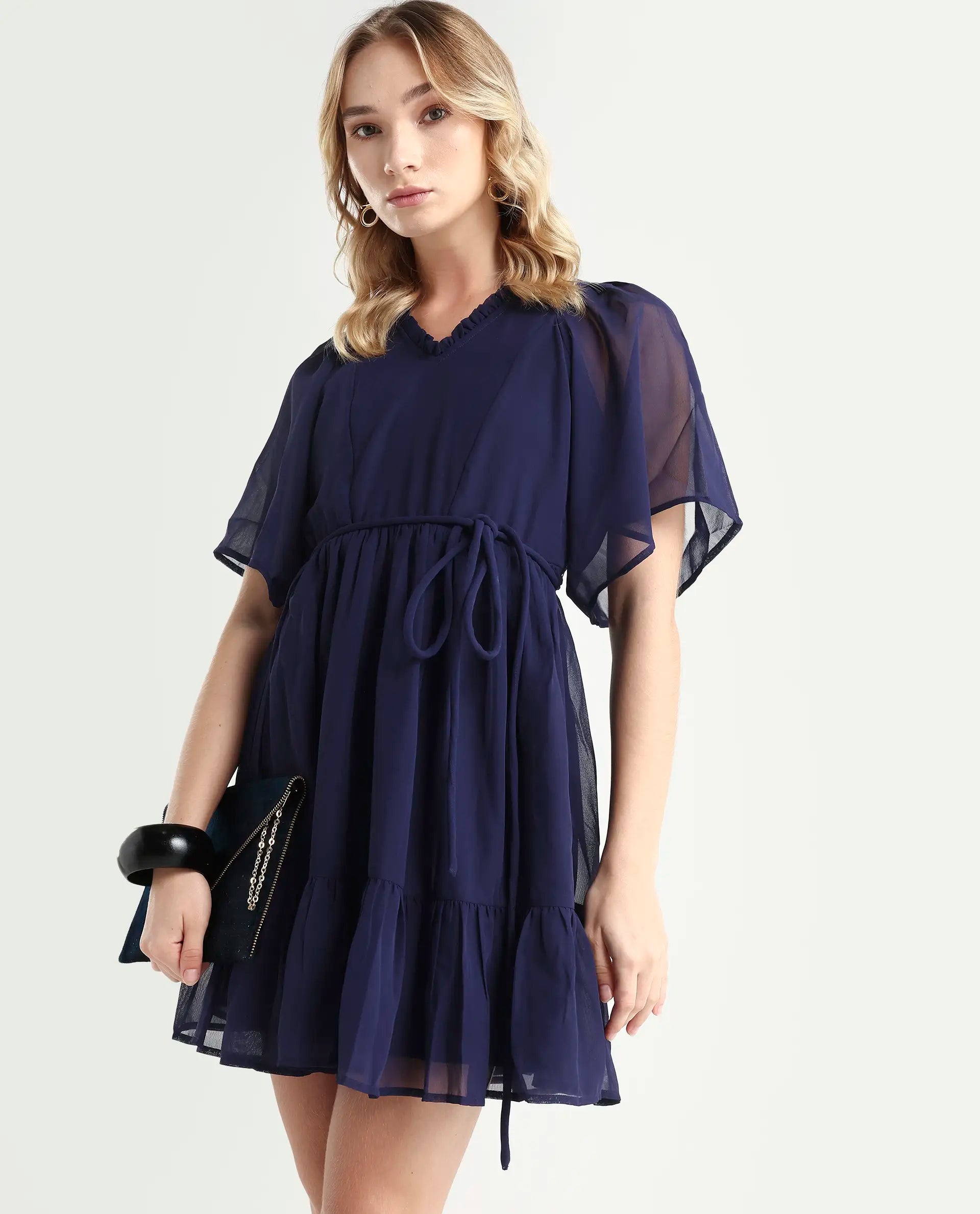 Rareism Women's Hocker Navy Polyester V-Neck Plain Flutter Sleeve Mini Regular Fit Dress