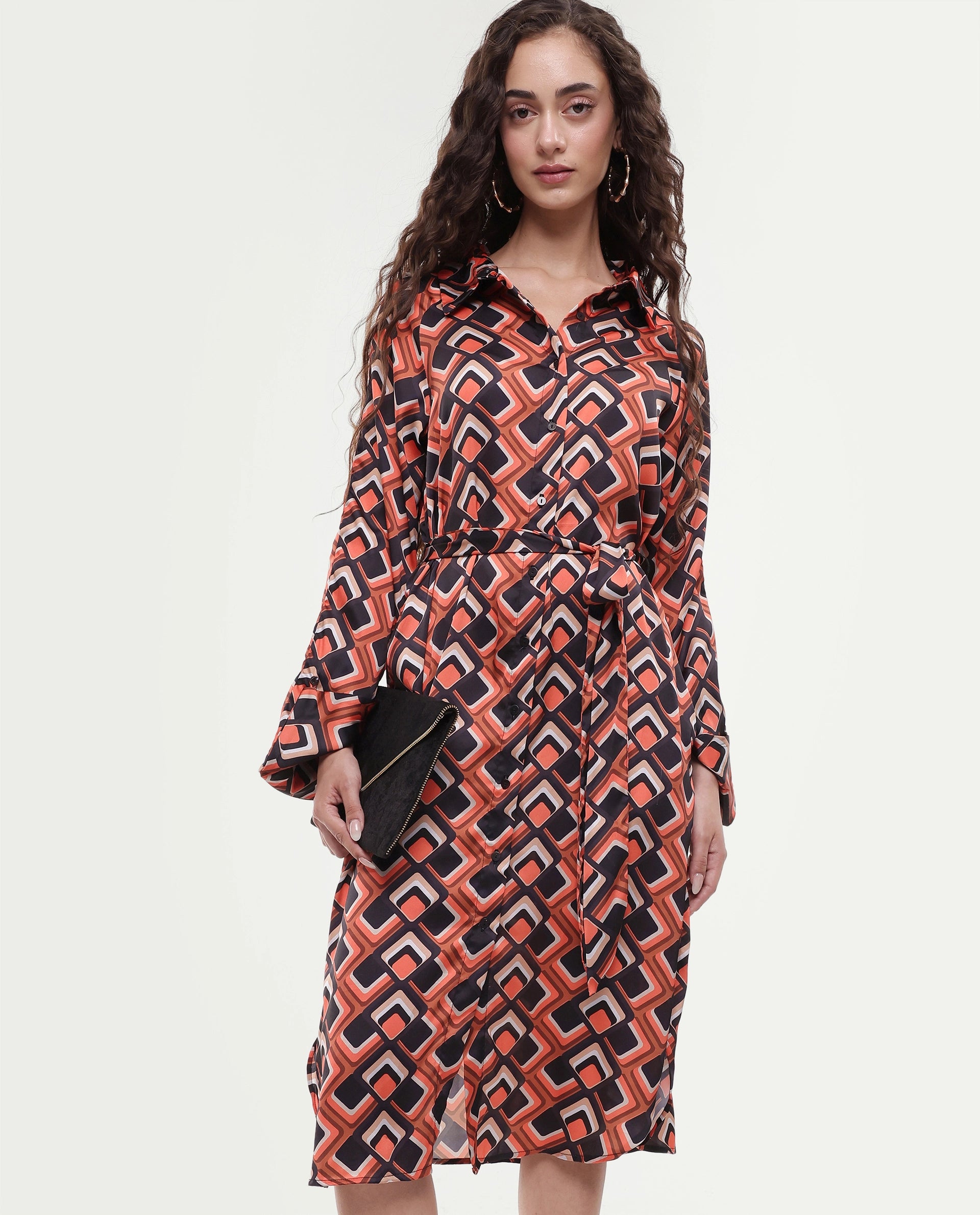 Rareism Women's Zwerg Orange Polyester Spread Collar Geometric Print Raglan Sleeve Knee Length Regular Fit Dress