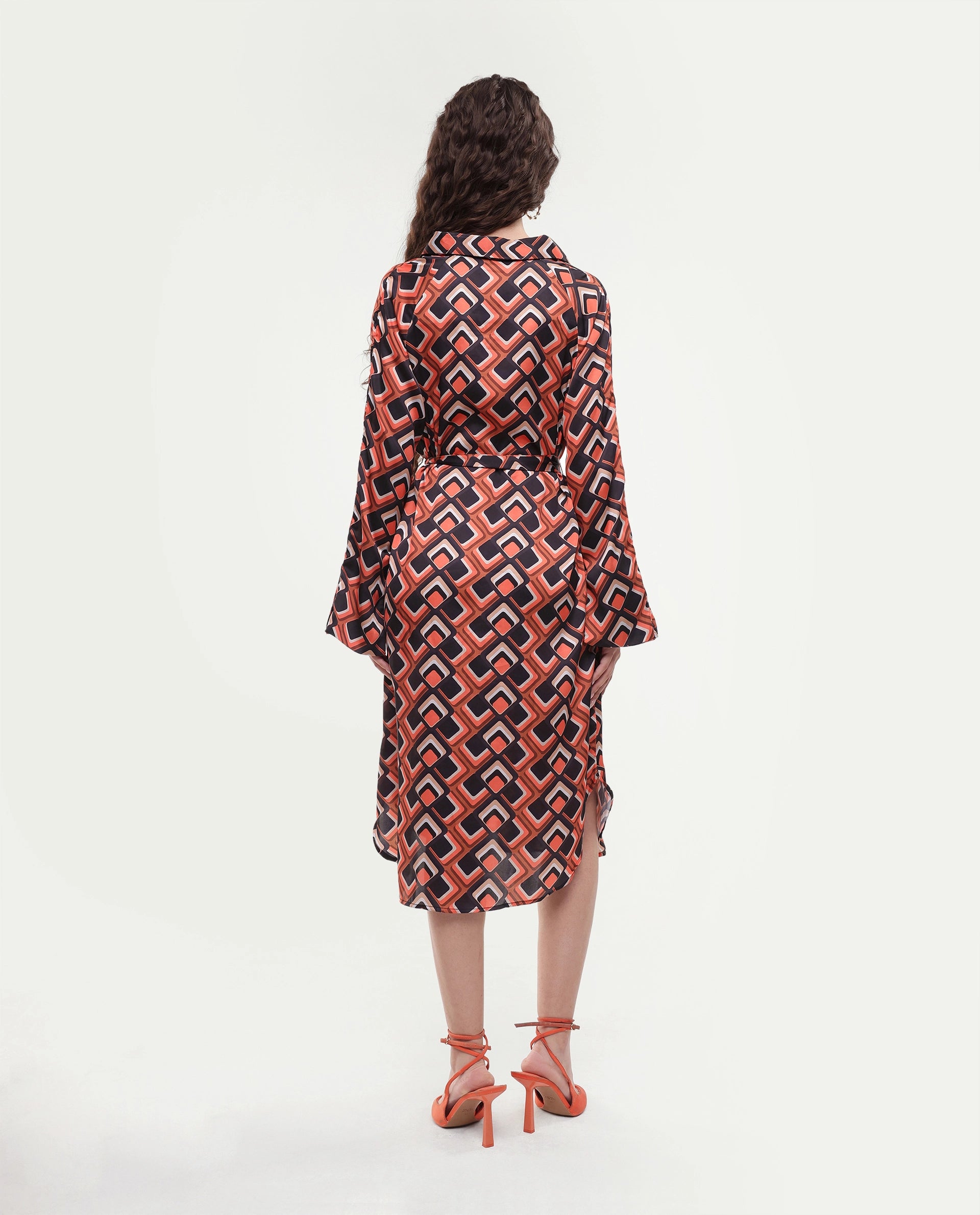 Rareism Women's Zwerg Orange Polyester Spread Collar Geometric Print Raglan Sleeve Knee Length Regular Fit Dress