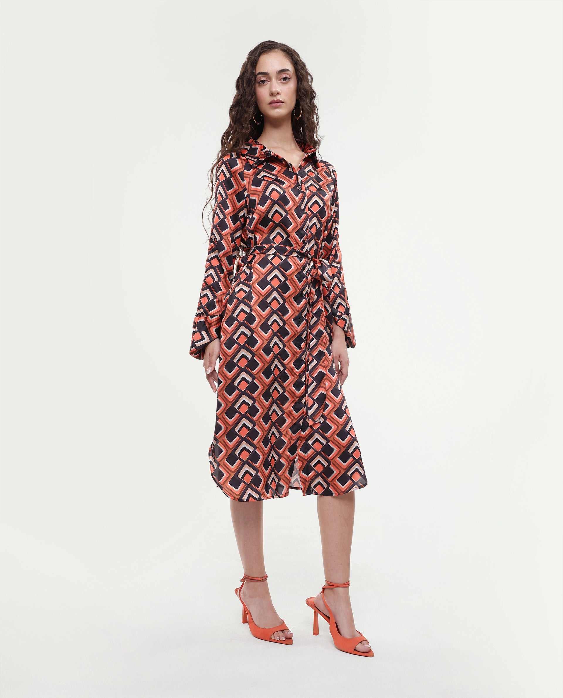 Rareism Women's Zwerg Orange Polyester Spread Collar Geometric Print Raglan Sleeve Knee Length Regular Fit Dress