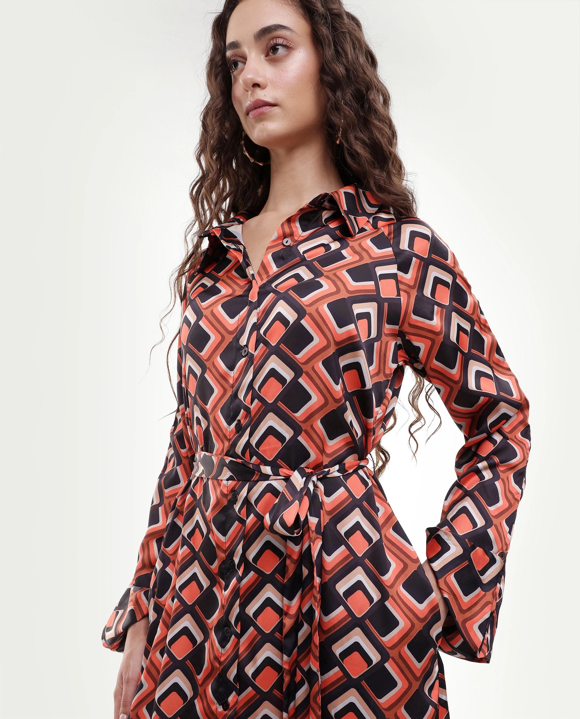 Rareism Women's Zwerg Orange Polyester Spread Collar Geometric Print Raglan Sleeve Knee Length Regular Fit Dress