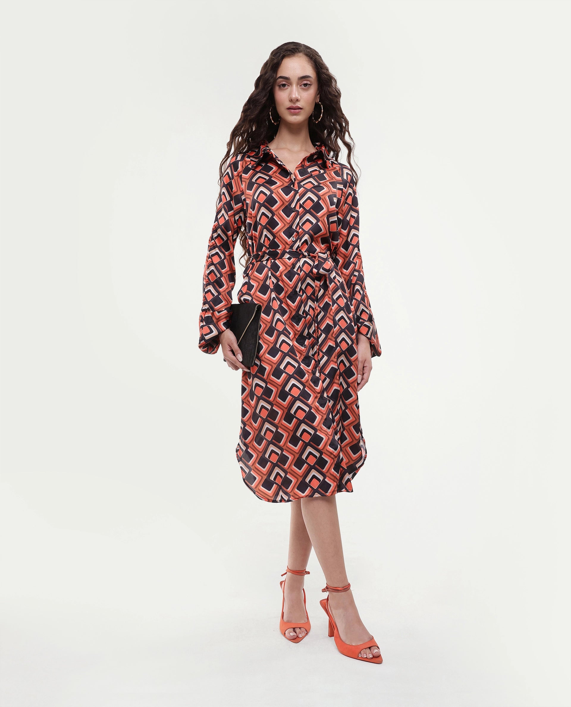 Rareism Women's Zwerg Orange Polyester Spread Collar Geometric Print Raglan Sleeve Knee Length Regular Fit Dress