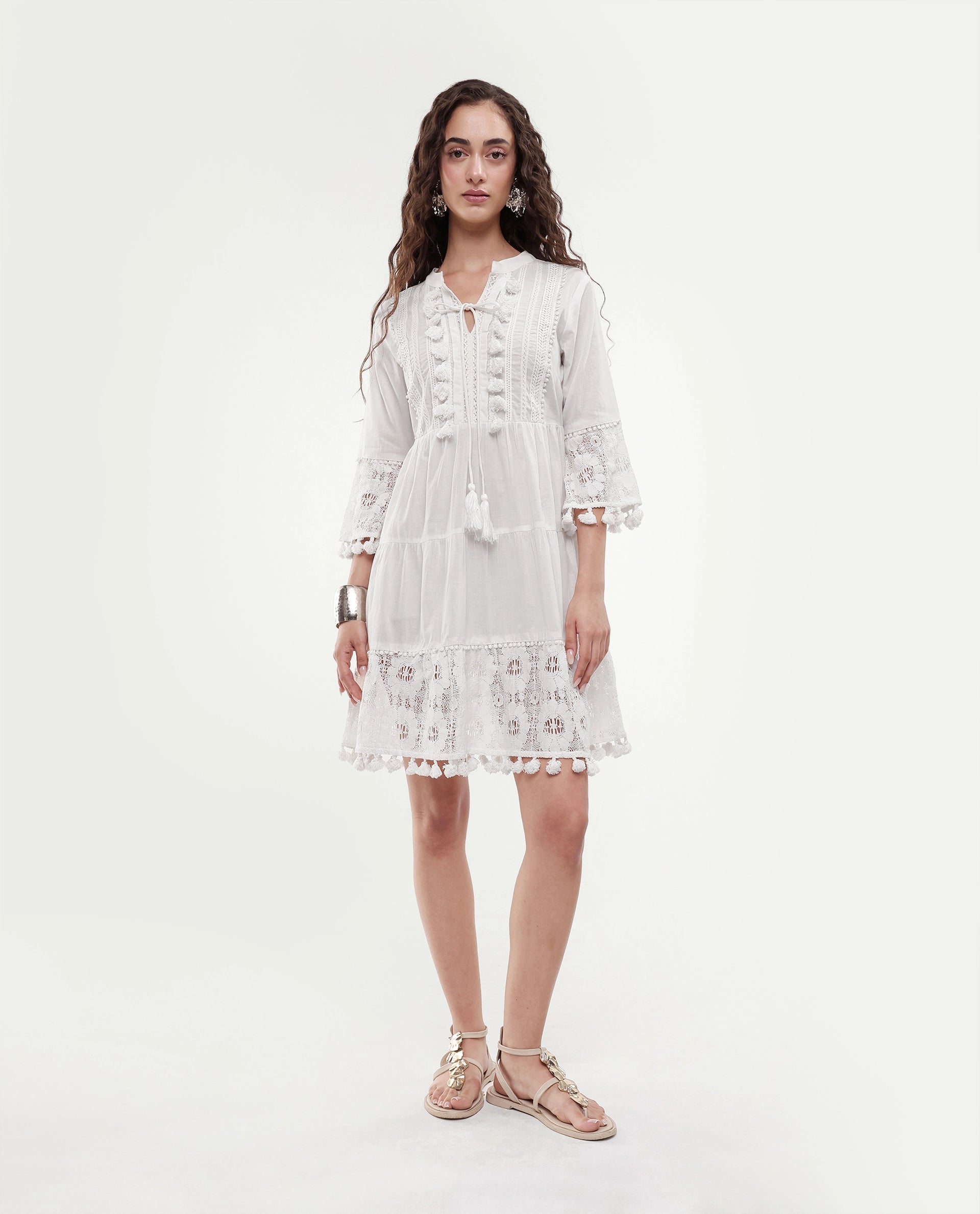 Rareism Women's Andarin White Cotton Tie-Up Neck Plain Bell Sleeve Knee Length Regular Fit Dress