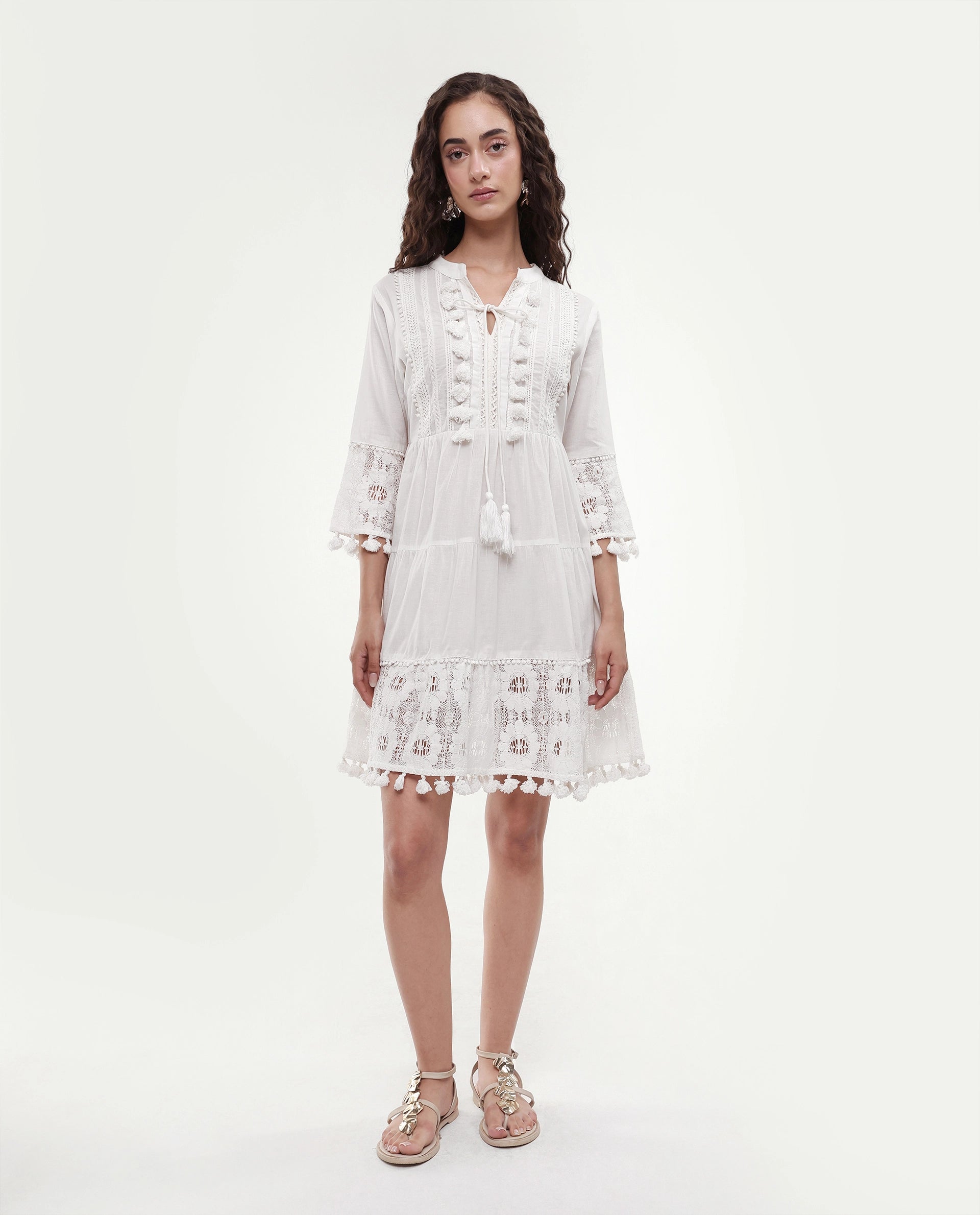 Rareism Women's Andarin White Cotton Tie-Up Neck Plain Bell Sleeve Knee Length Regular Fit Dress