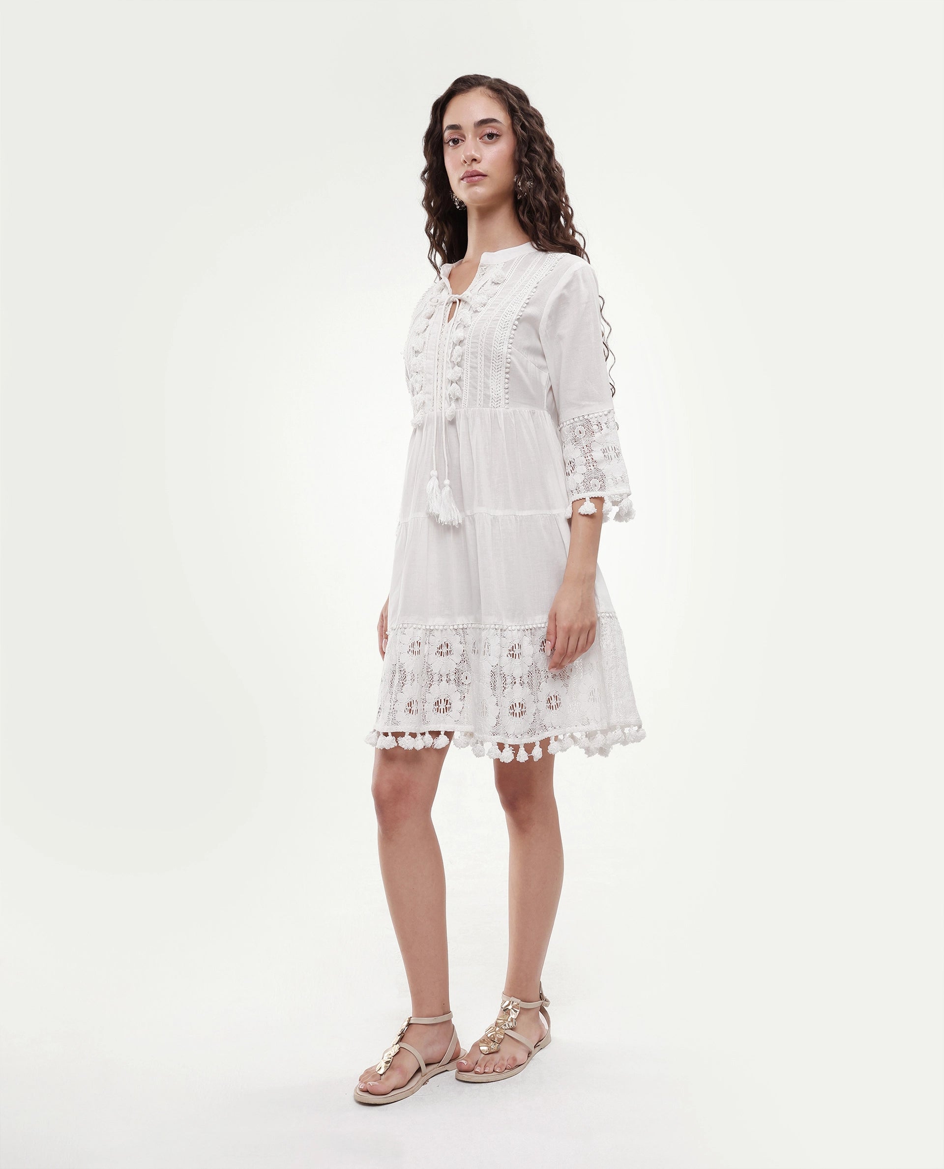 Rareism Women's Andarin White Cotton Tie-Up Neck Plain Bell Sleeve Knee Length Regular Fit Dress