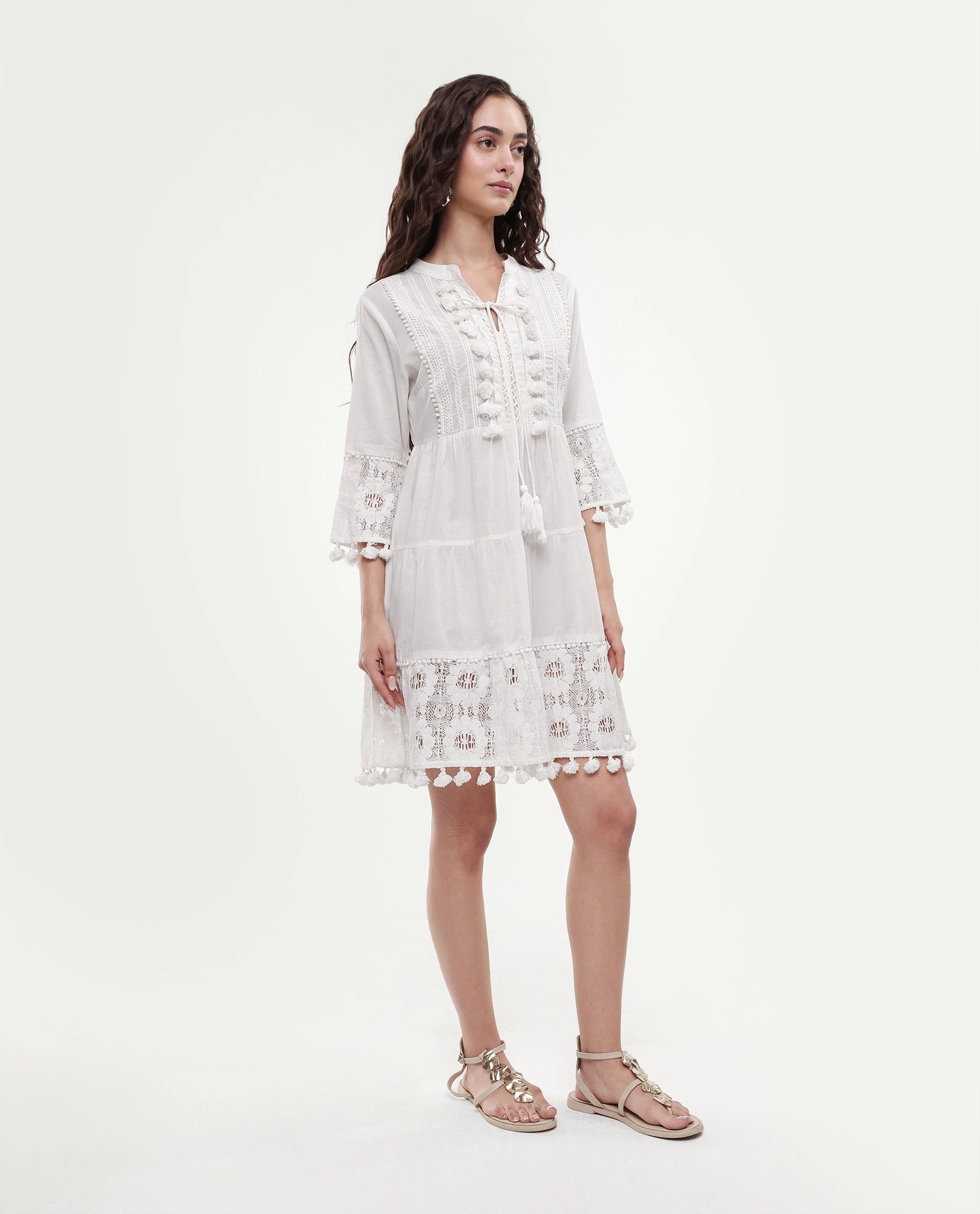 Rareism Women's Andarin White Cotton Tie-Up Neck Plain Bell Sleeve Knee Length Regular Fit Dress