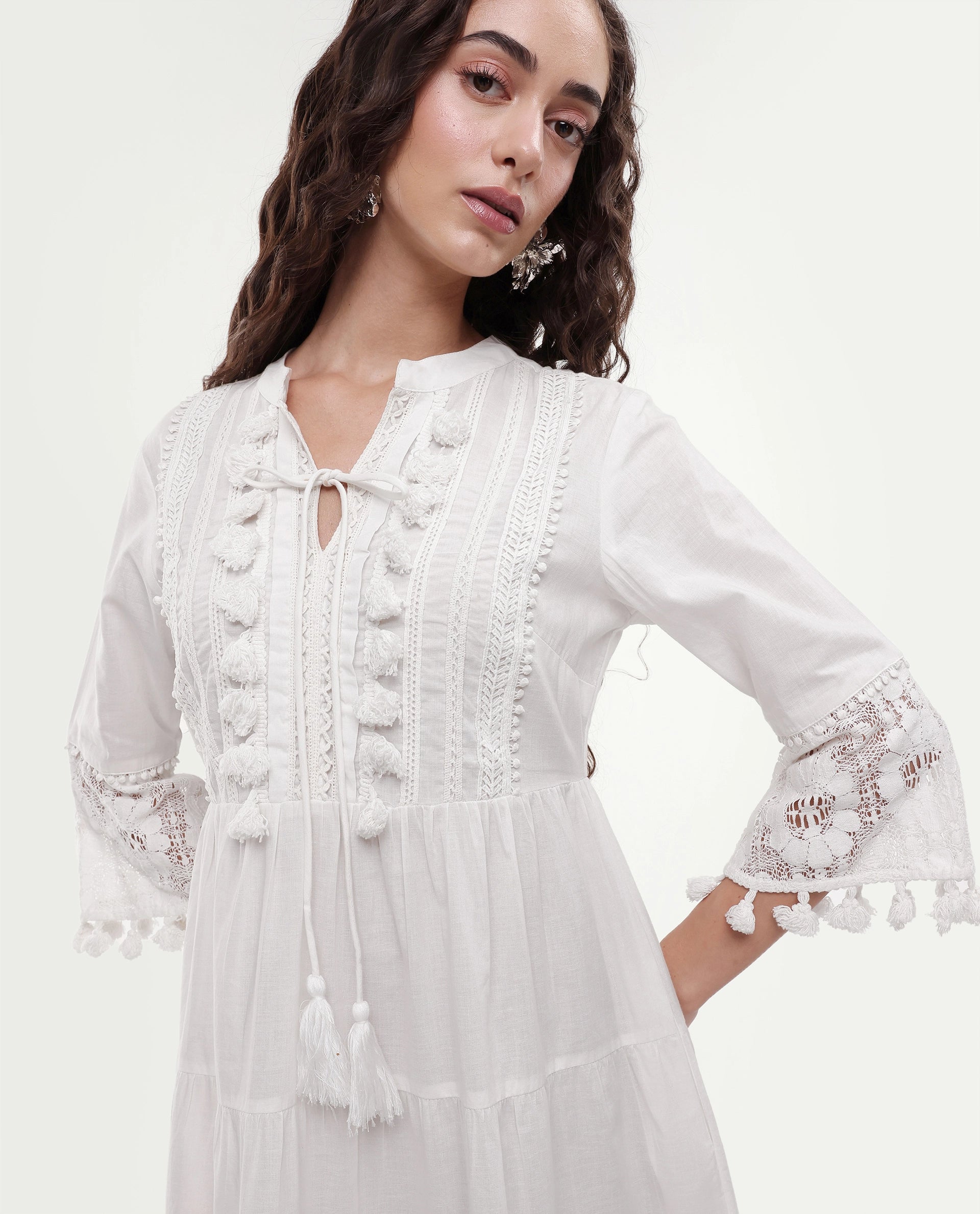Rareism Women's Andarin White Cotton Tie-Up Neck Plain Bell Sleeve Knee Length Regular Fit Dress