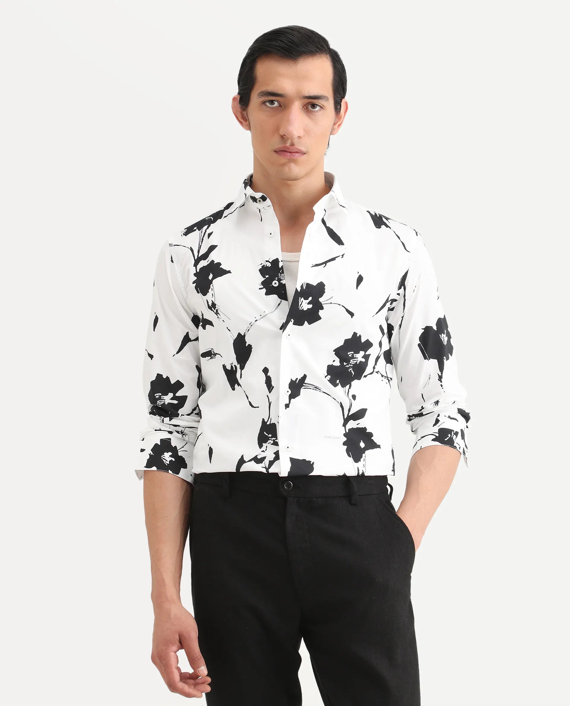 Rare Rabbit Men's Sketcherr Offwhite Cotton Floral Print Regular Fit Full Sleeve Collared Shirt