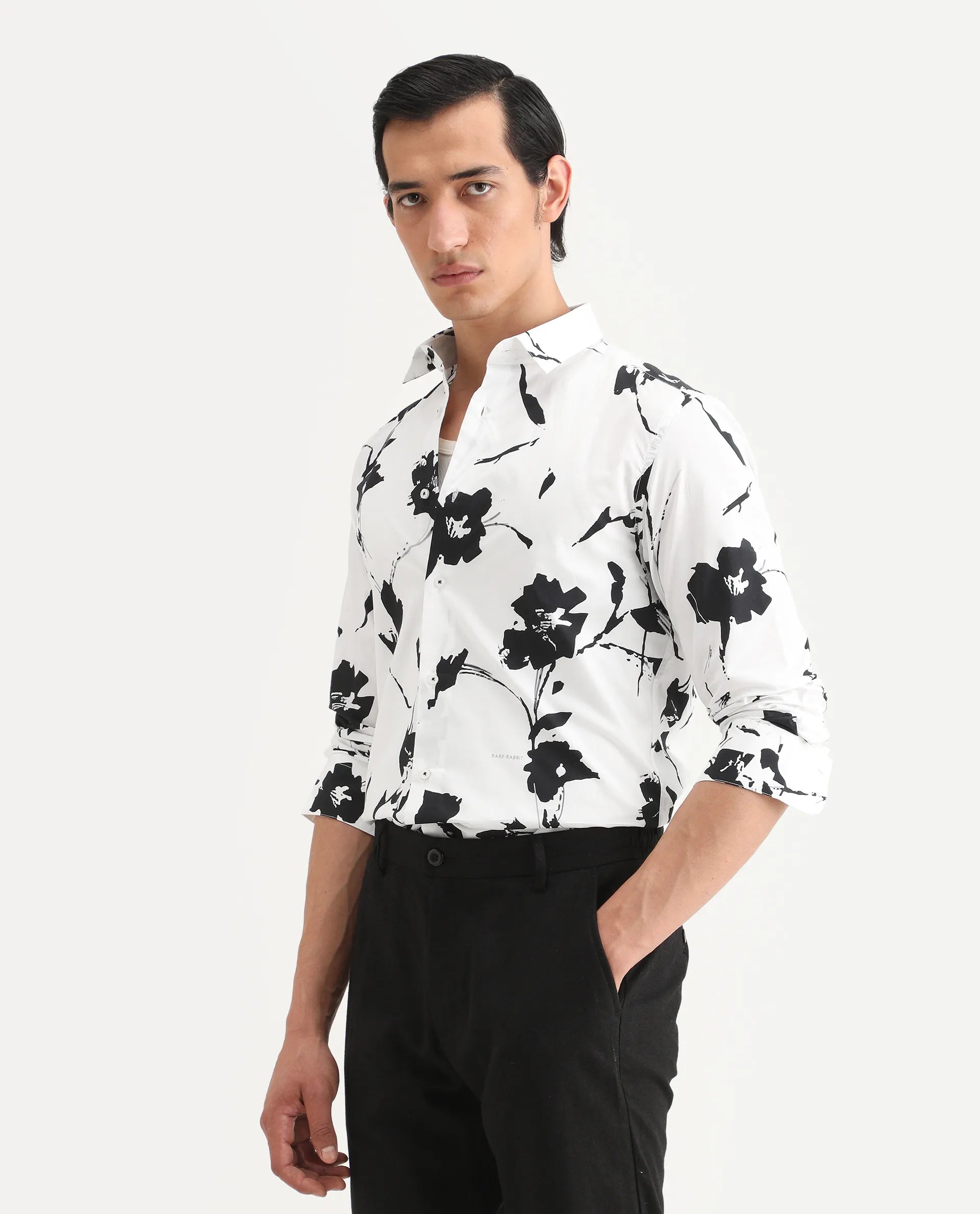 Rare Rabbit Men's Sketcherr Offwhite Cotton Floral Print Regular Fit Full Sleeve Collared Shirt
