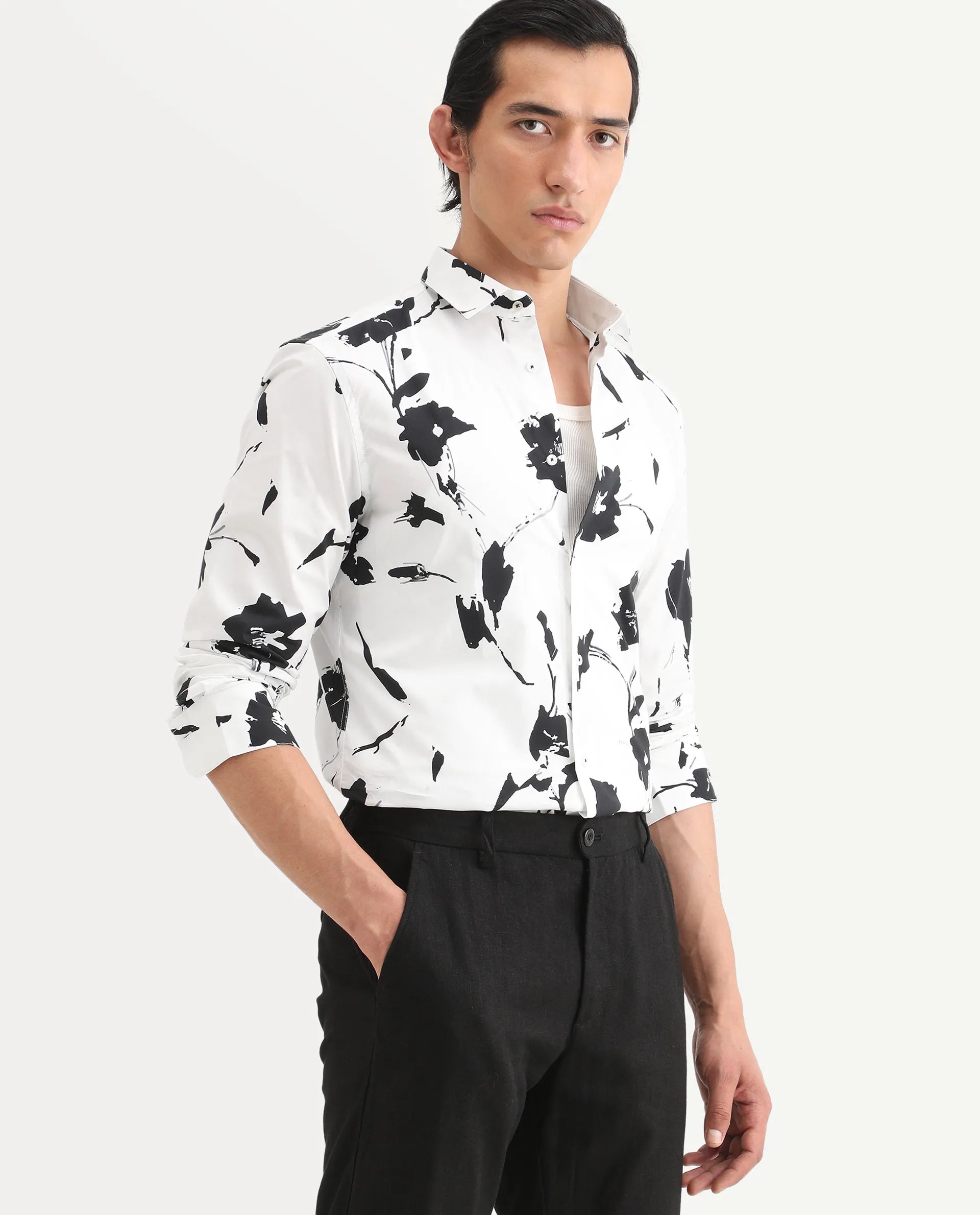 Rare Rabbit Men's Sketcherr Offwhite Cotton Floral Print Regular Fit Full Sleeve Collared Shirt