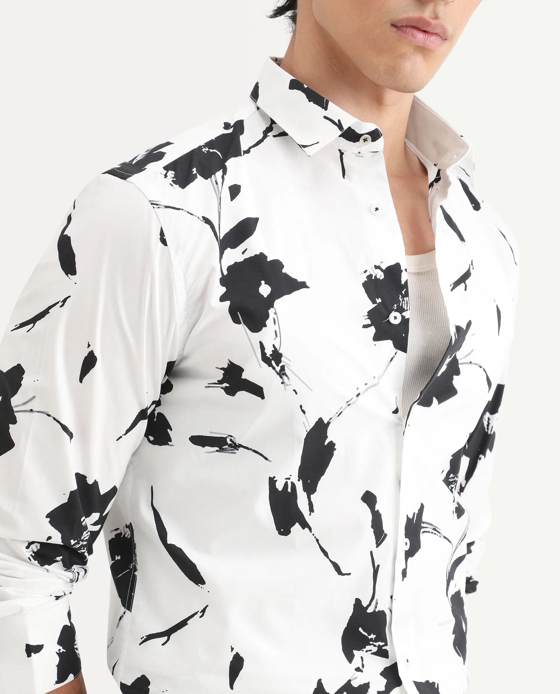 Rare Rabbit Men's Sketcherr Offwhite Cotton Floral Print Regular Fit Full Sleeve Collared Shirt