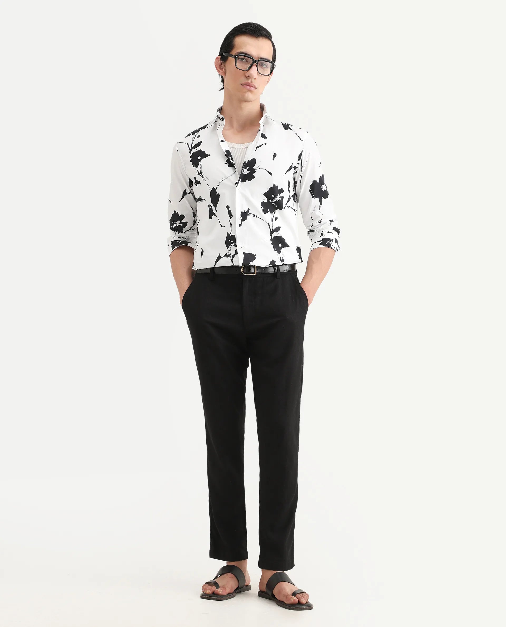 Rare Rabbit Men's Sketcherr Offwhite Cotton Floral Print Regular Fit Full Sleeve Collared Shirt