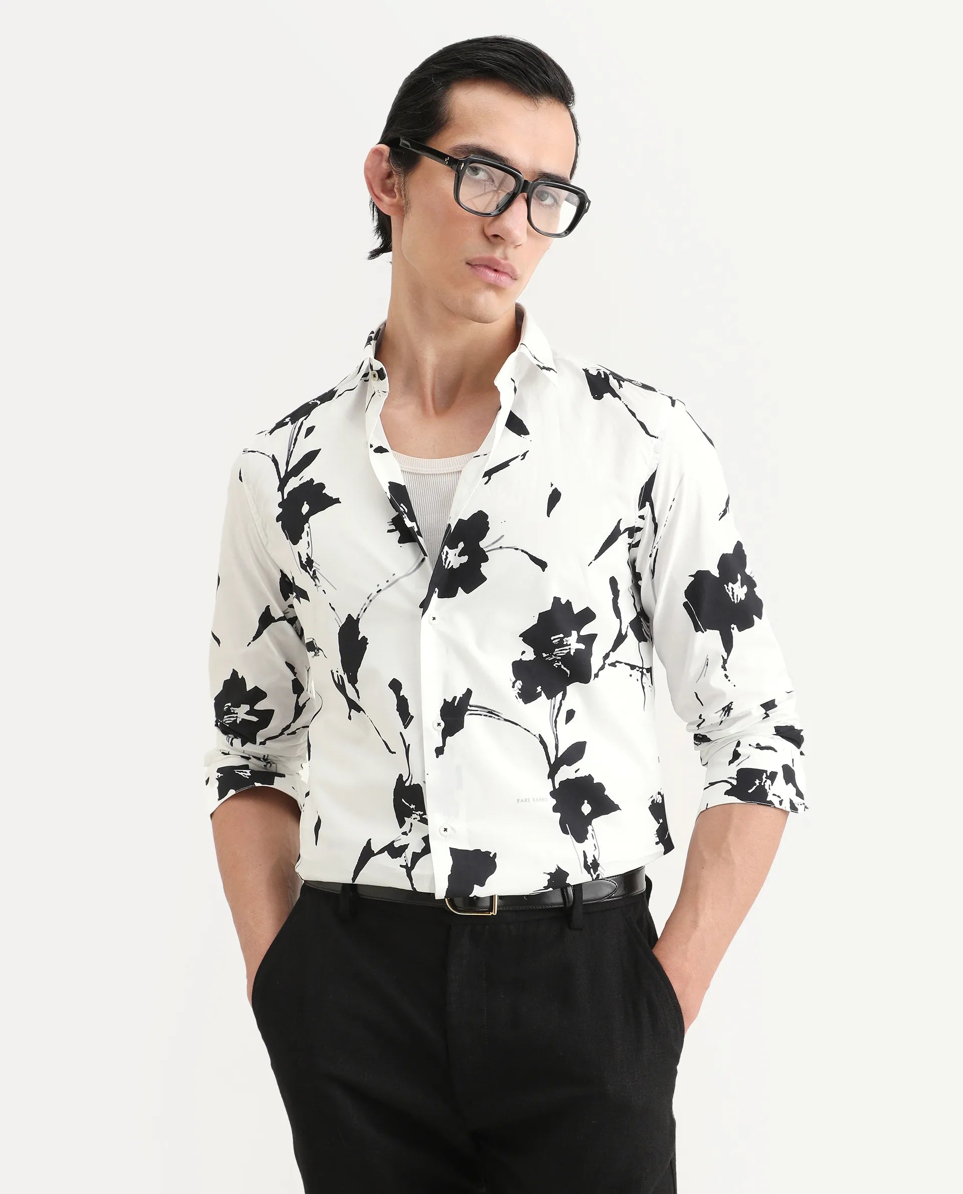 Rare Rabbit Men's Sketcherr Offwhite Cotton Floral Print Regular Fit Full Sleeve Collared Shirt