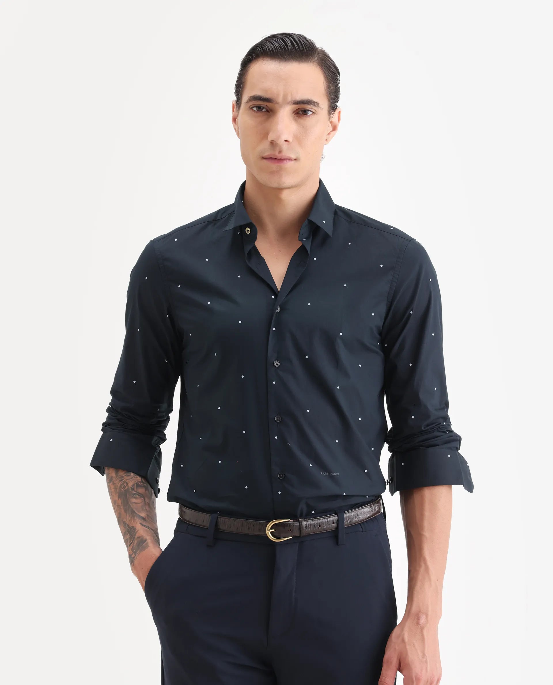 Rare Rabbit Men's Plutoo Black Cotton Polka Print Tailored Fit Full Sleeve Collared Shirt