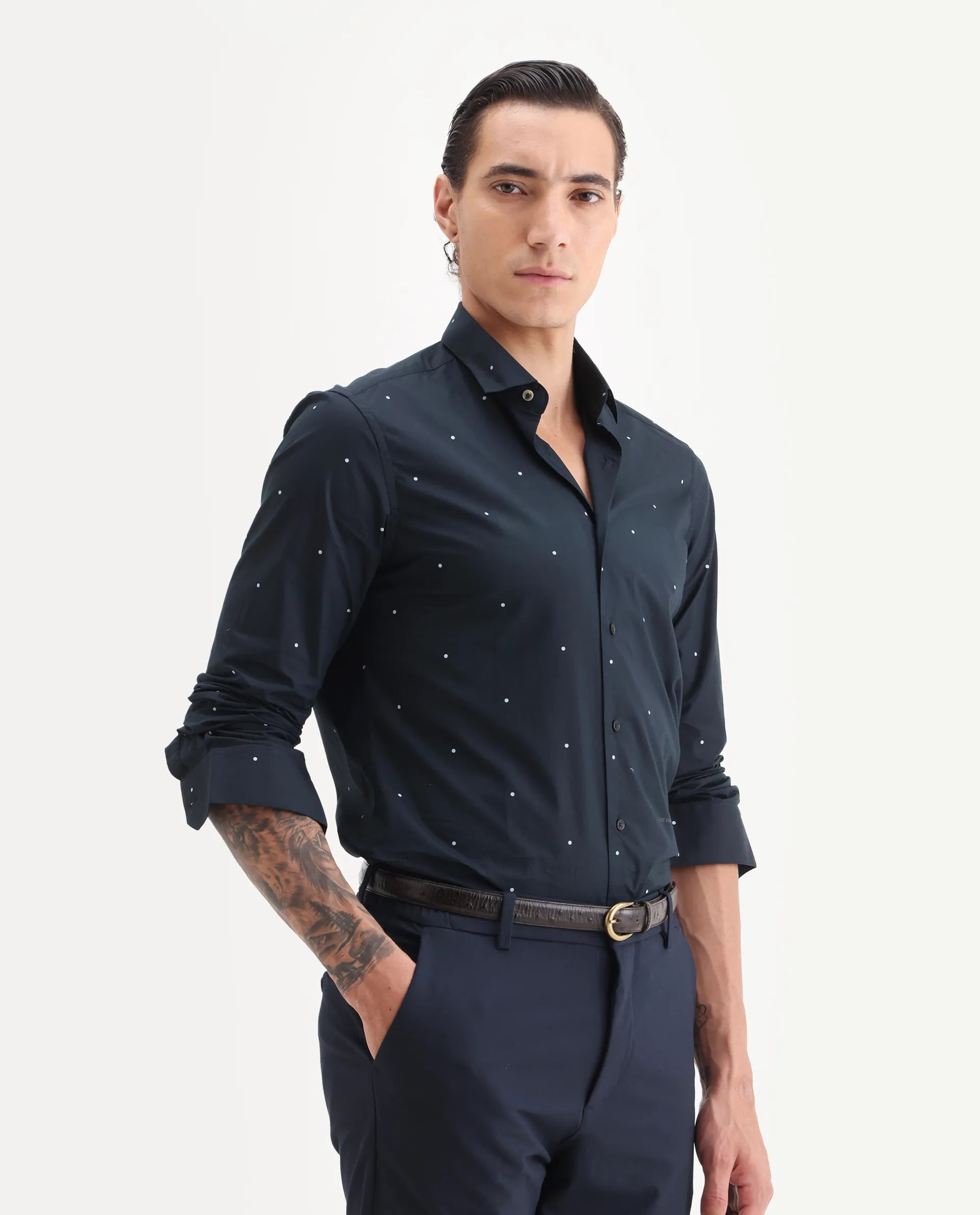 Rare Rabbit Men's Plutoo Black Cotton Polka Print Tailored Fit Full Sleeve Collared Shirt