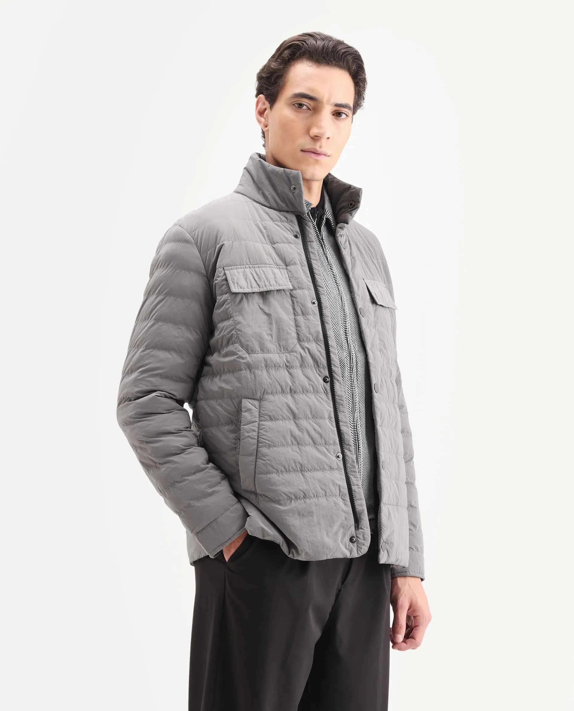 Rare Rabbit Men's Cadiz Silver Polyester Plain Relaxed Fit Full Sleeve High Neck Jacket