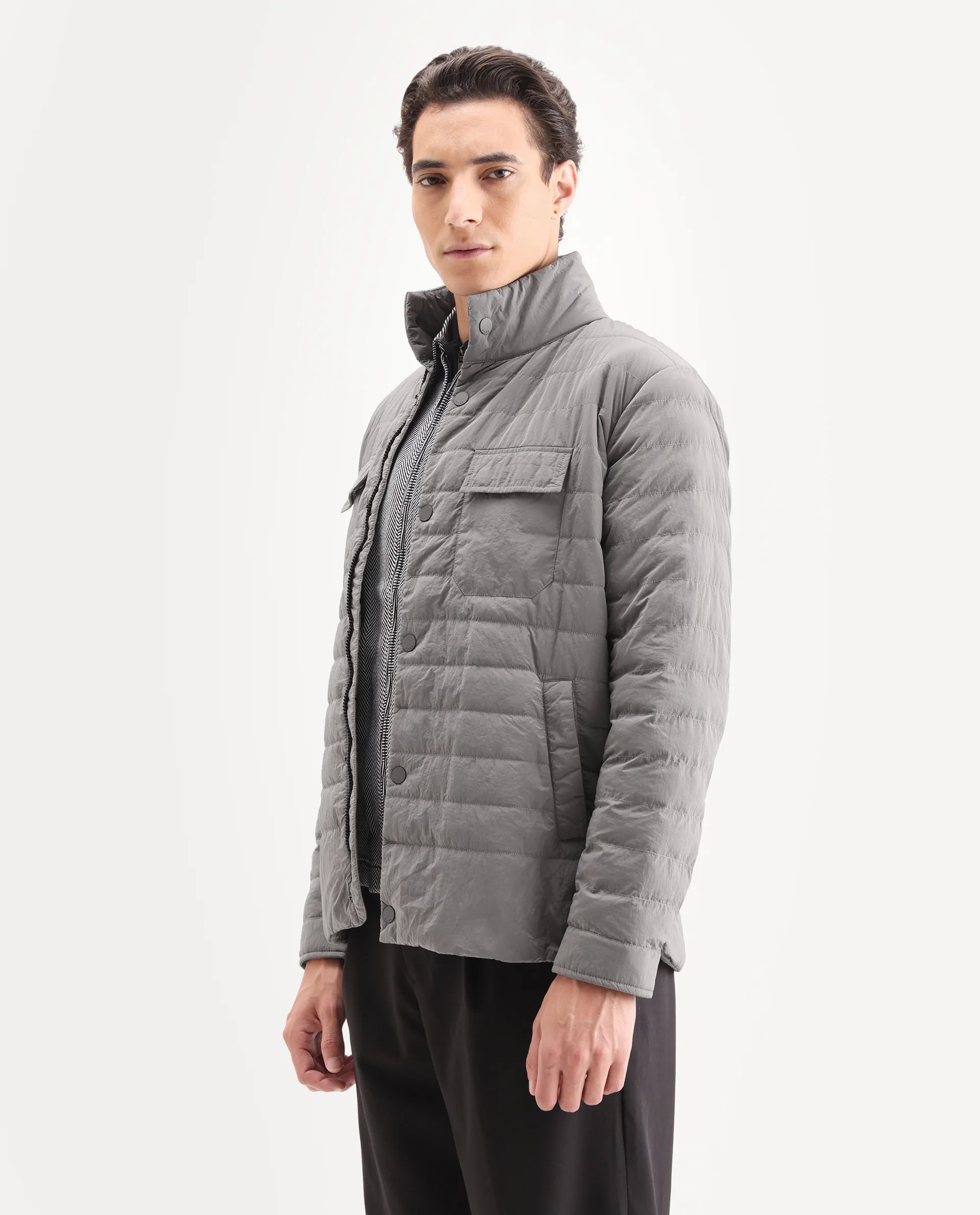 Rare Rabbit Men's Cadiz Silver Polyester Plain Relaxed Fit Full Sleeve High Neck Jacket