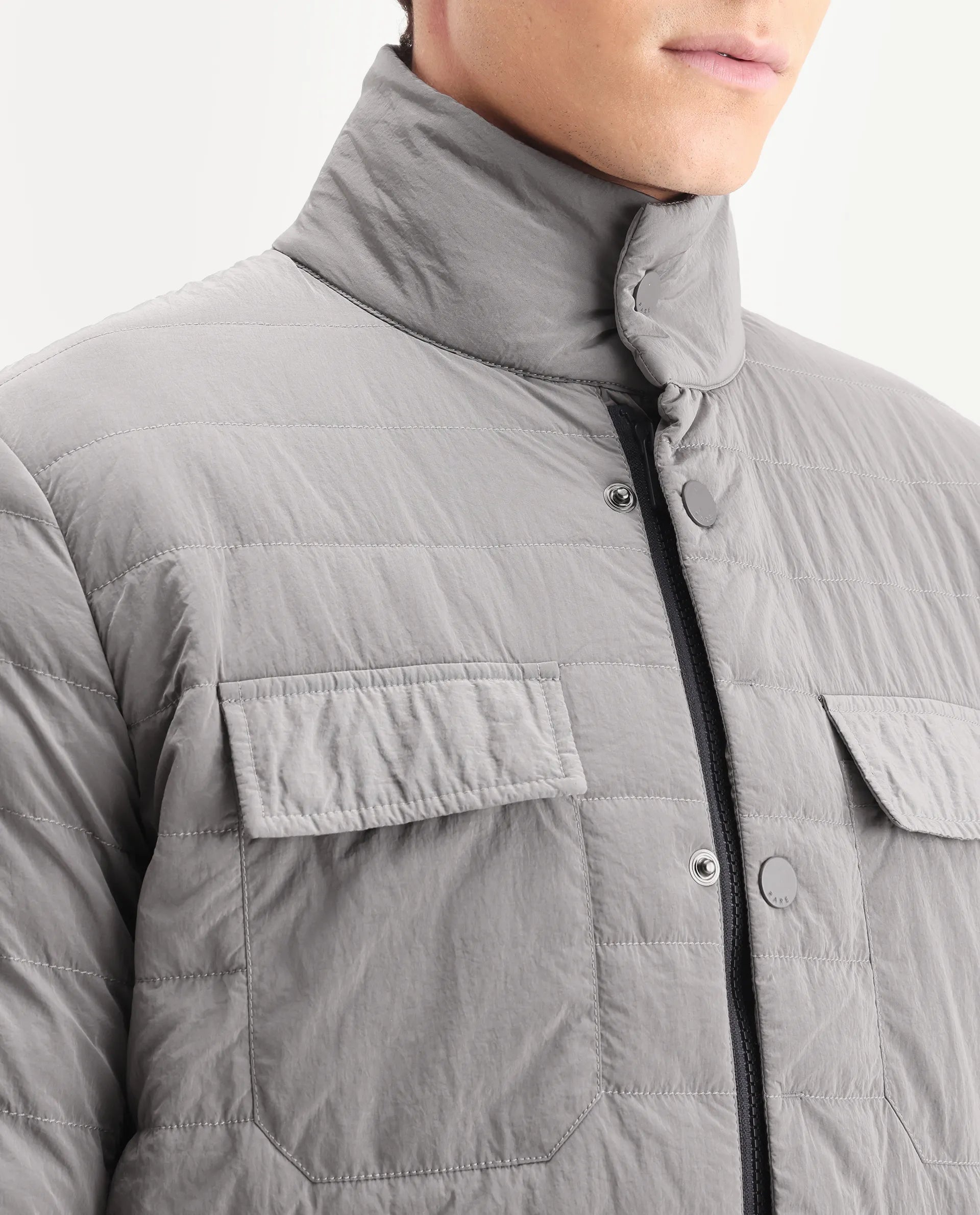 Rare Rabbit Men's Cadiz Silver Polyester Plain Relaxed Fit Full Sleeve High Neck Jacket