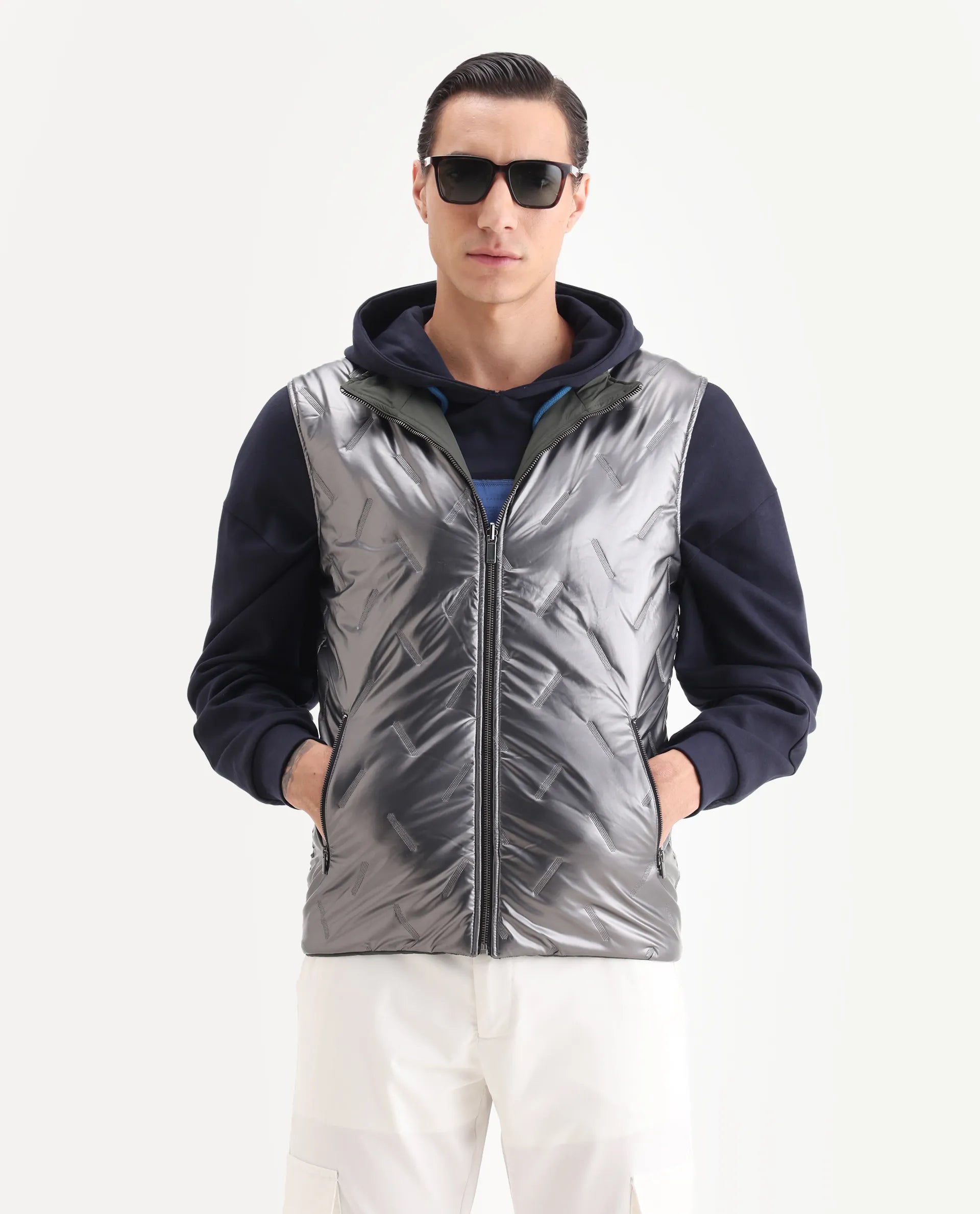 Rare Rabbit Men's Linda Metalic Silver Polyester Plain Regular Fit Sleeveless High Neck Jacket