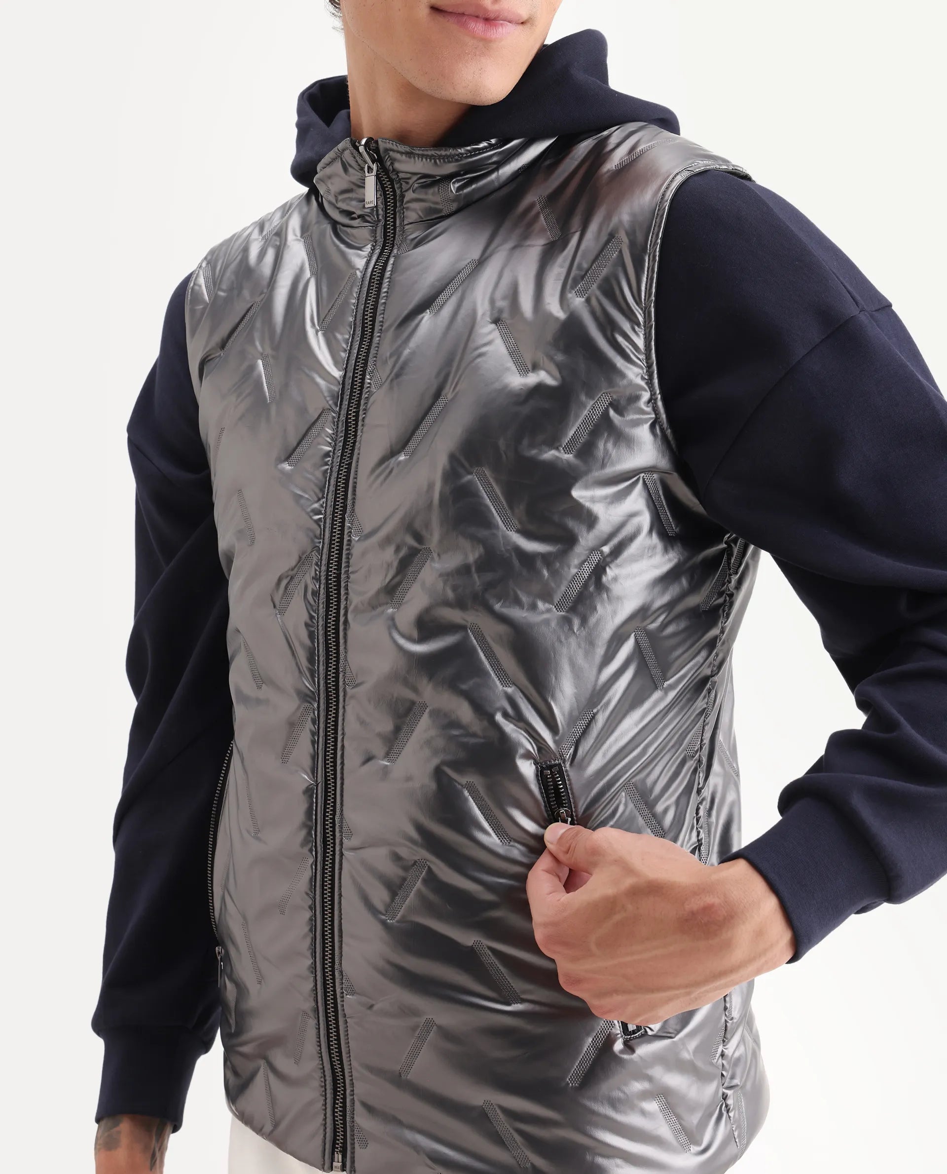 Rare Rabbit Men's Linda Metalic Silver Polyester Plain Regular Fit Sleeveless High Neck Jacket