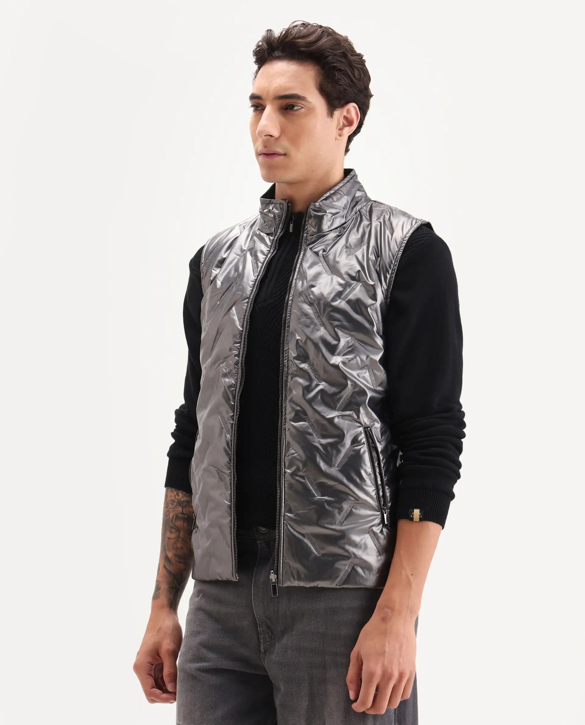 Rare Rabbit Men's Linda Metalic Silver Polyester Plain Regular Fit Sleeveless High Neck Jacket