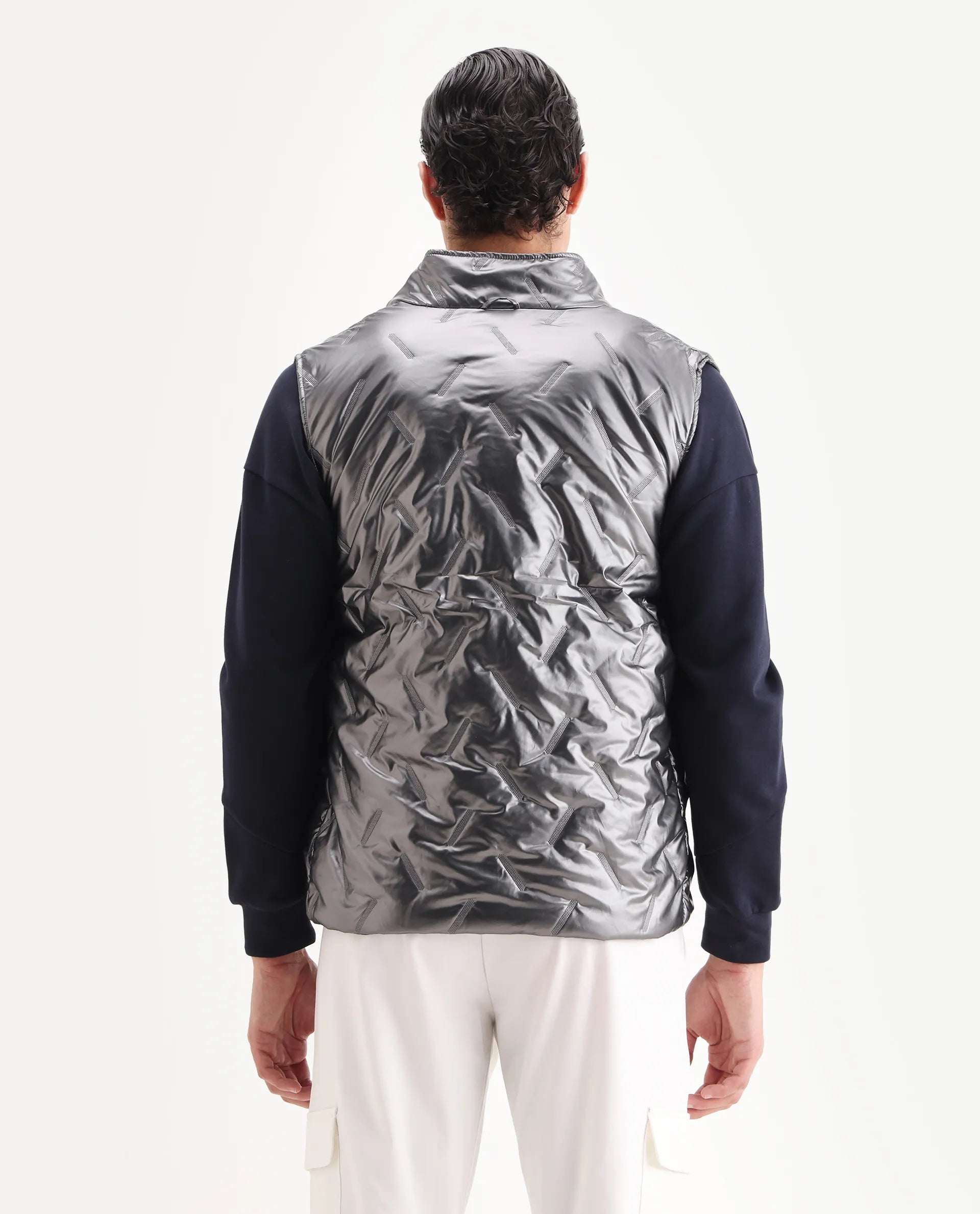 Rare Rabbit Men's Linda Metalic Silver Polyester Plain Regular Fit Sleeveless High Neck Jacket