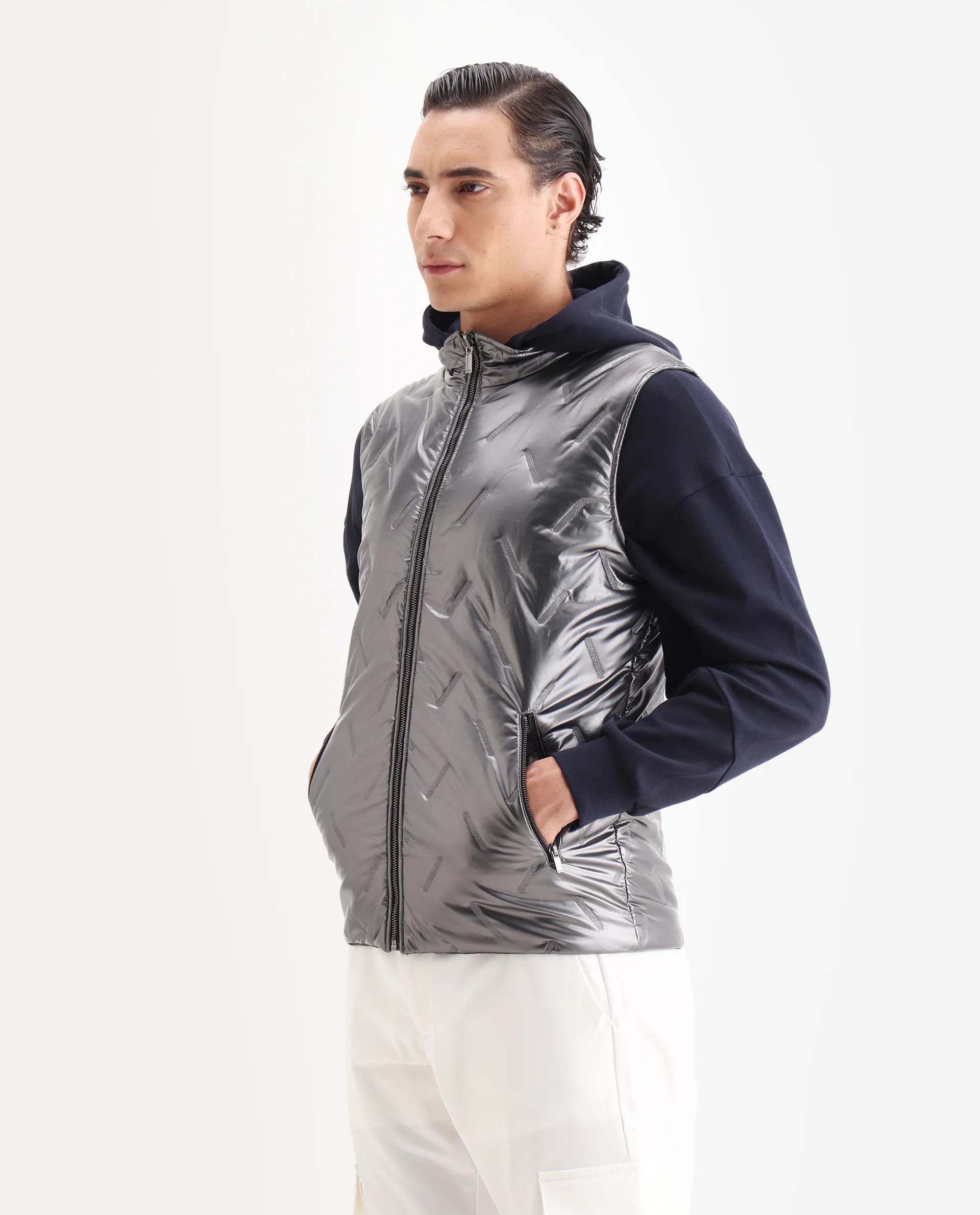 Rare Rabbit Men's Linda Metalic Silver Polyester Plain Regular Fit Sleeveless High Neck Jacket