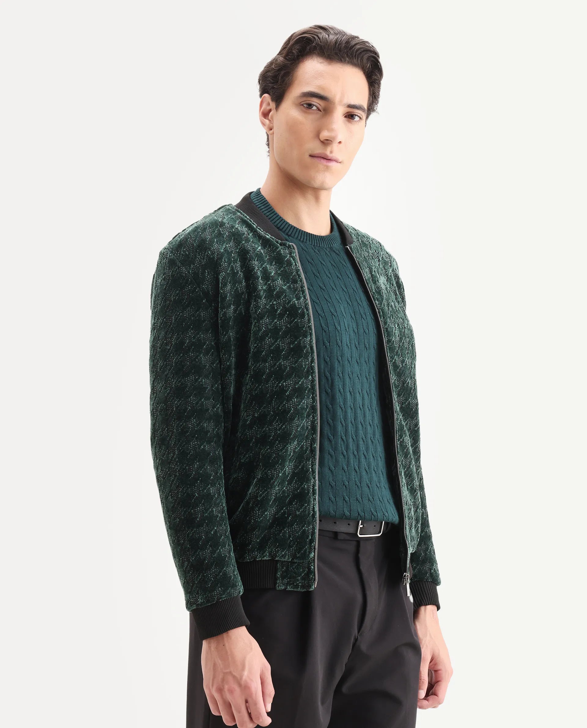 Rare Rabbit Men's Beldon Dark Green Velvet Textured Regular Fit Full Sleeve Stand Collar Jacket